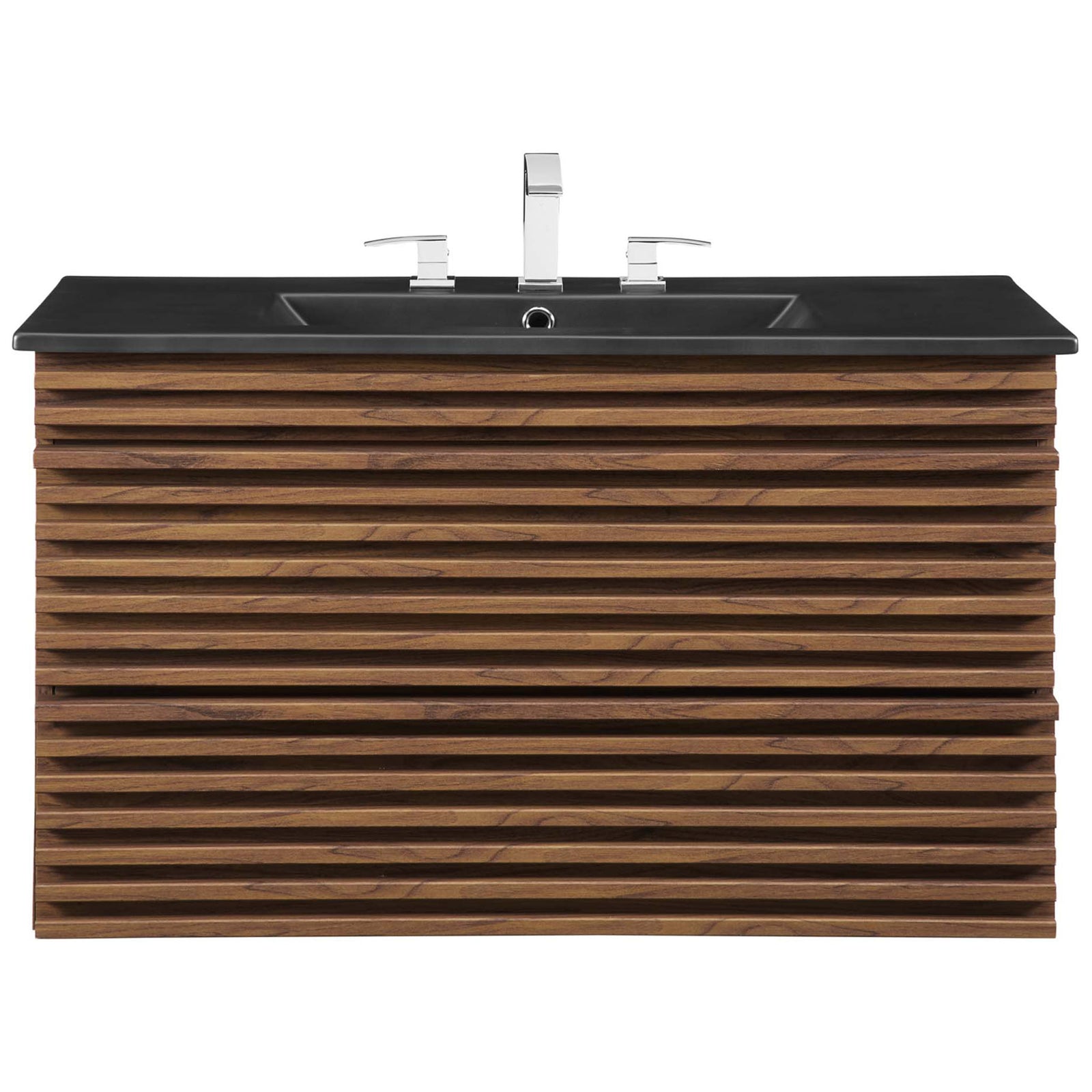 Rectangular basin with three-hole deck tops the statement walnut slatted cabinet. || EEI-5395-WAL-BLK || front_studio