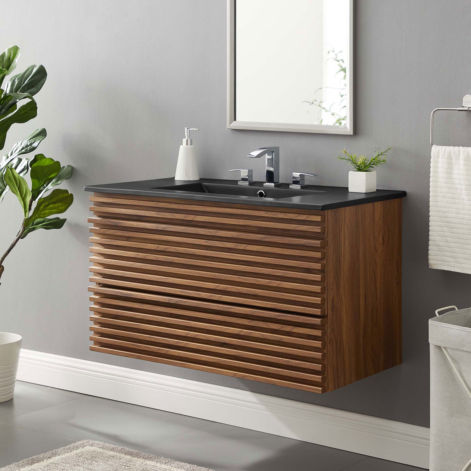 Floating 36-inch vanity pairs walnut slats with a modern black sink for a polished bath. || EEI-5395-WAL-BLK || front_room