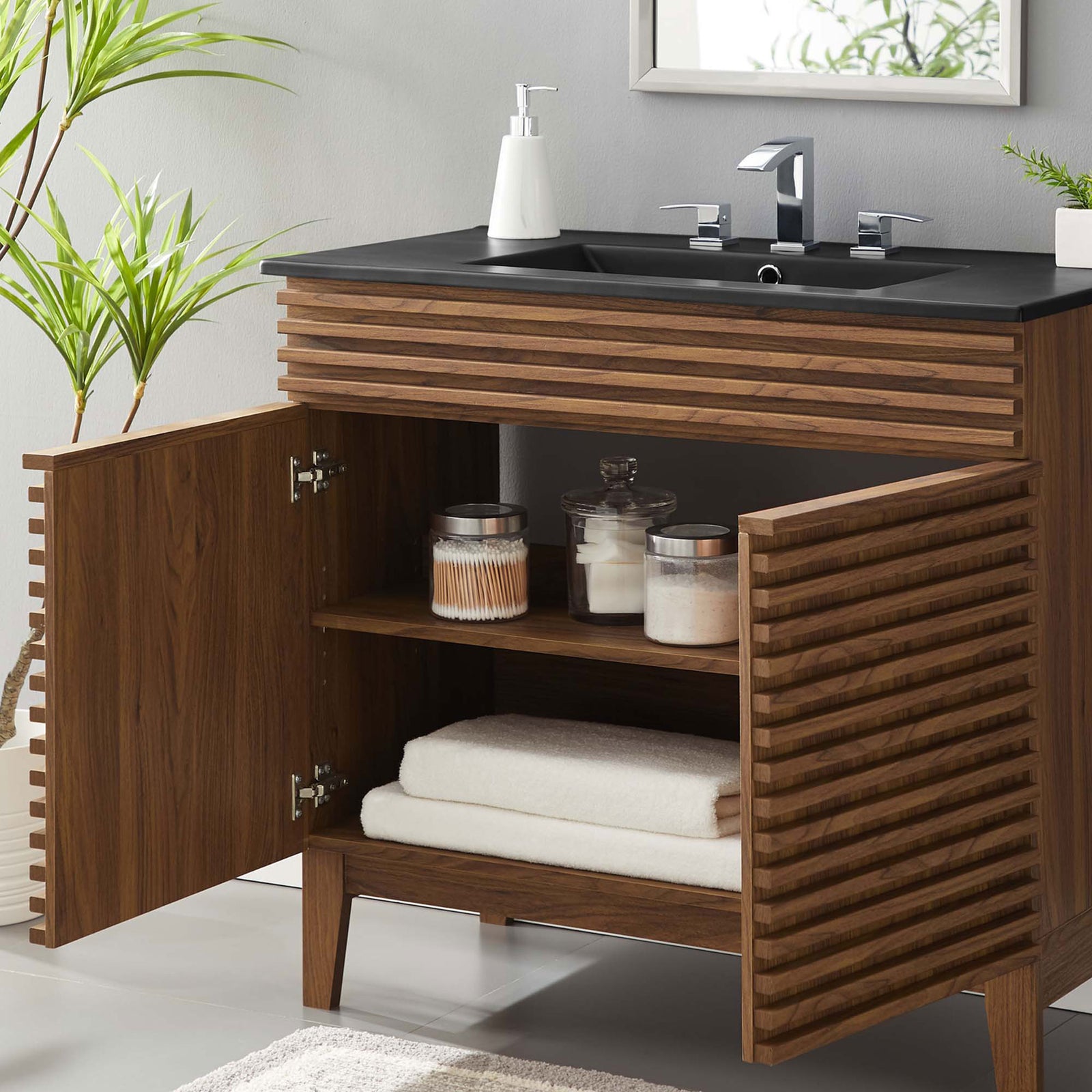 In-room view with doors open reveals roomy storage for bath essentials || EEI-5396-WAL-BLK || storage_open_room