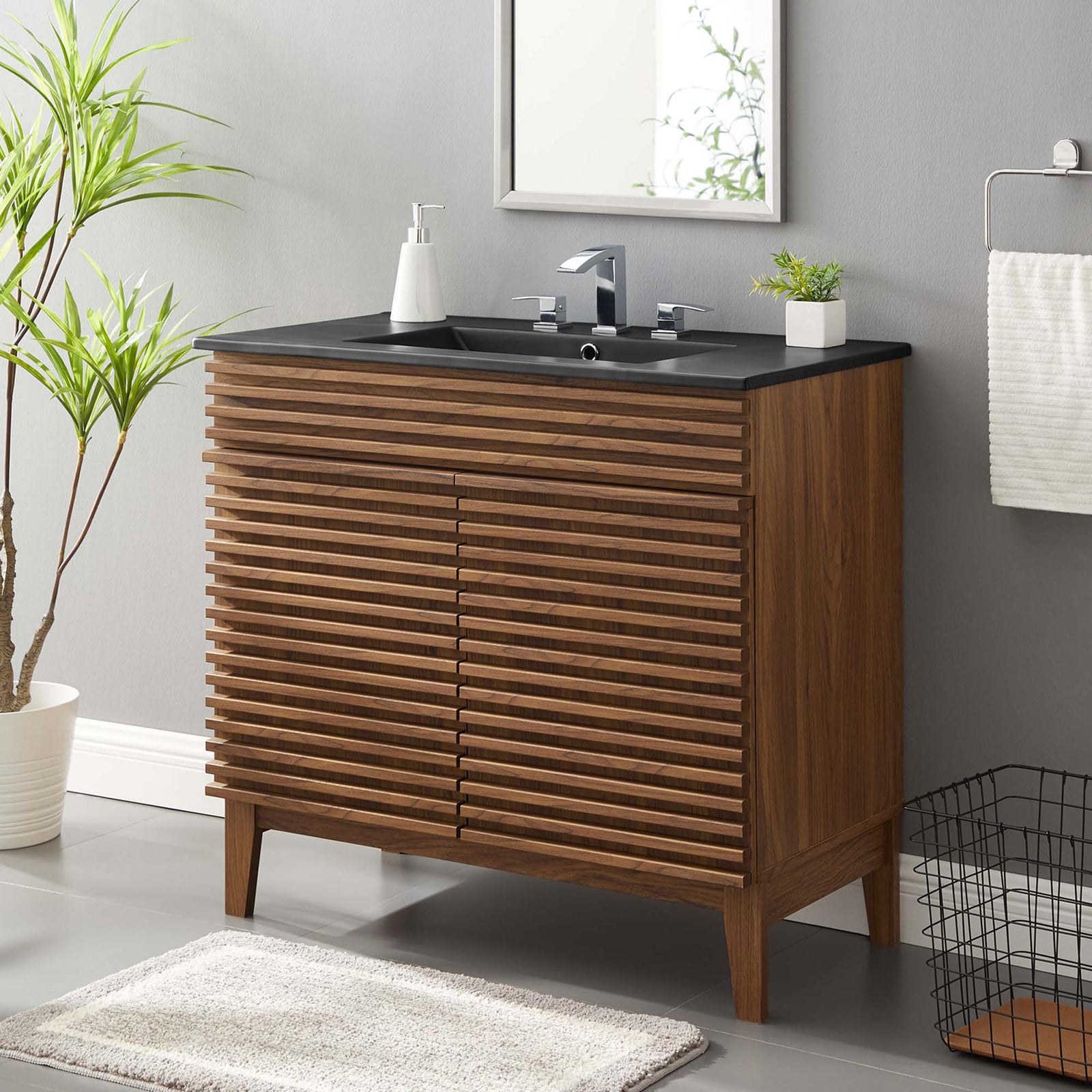 Lifestyle scene highlights walnut slats and a bold black sink || EEI-5396-WAL-BLK || front_angle_room