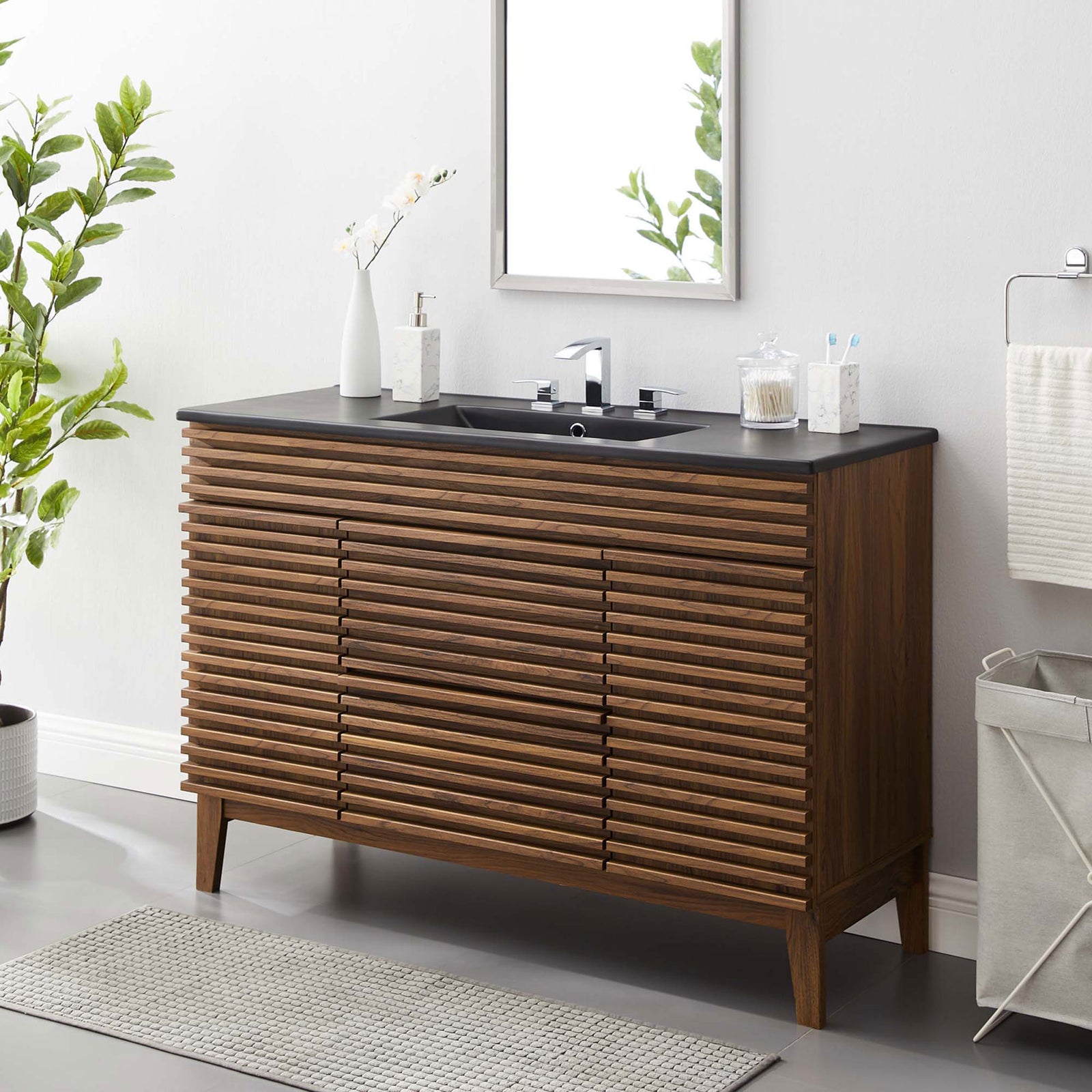 Sleek mid-century profile complements contemporary bathrooms with warm walnut tones || EEI-5398-WAL-BLK || front_angle_room