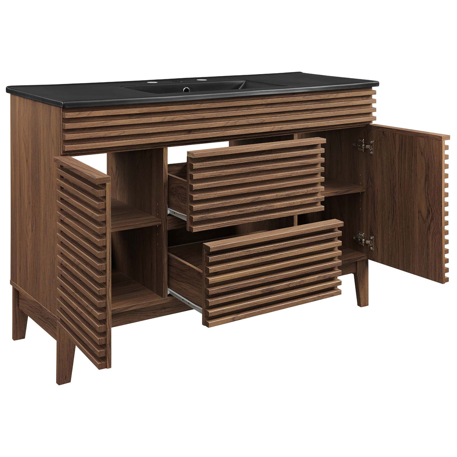 Soft-close doors and full-extension drawers reveal organized storage with adjustable shelves || EEI-5398-WAL-BLK || front_angle_open_studio