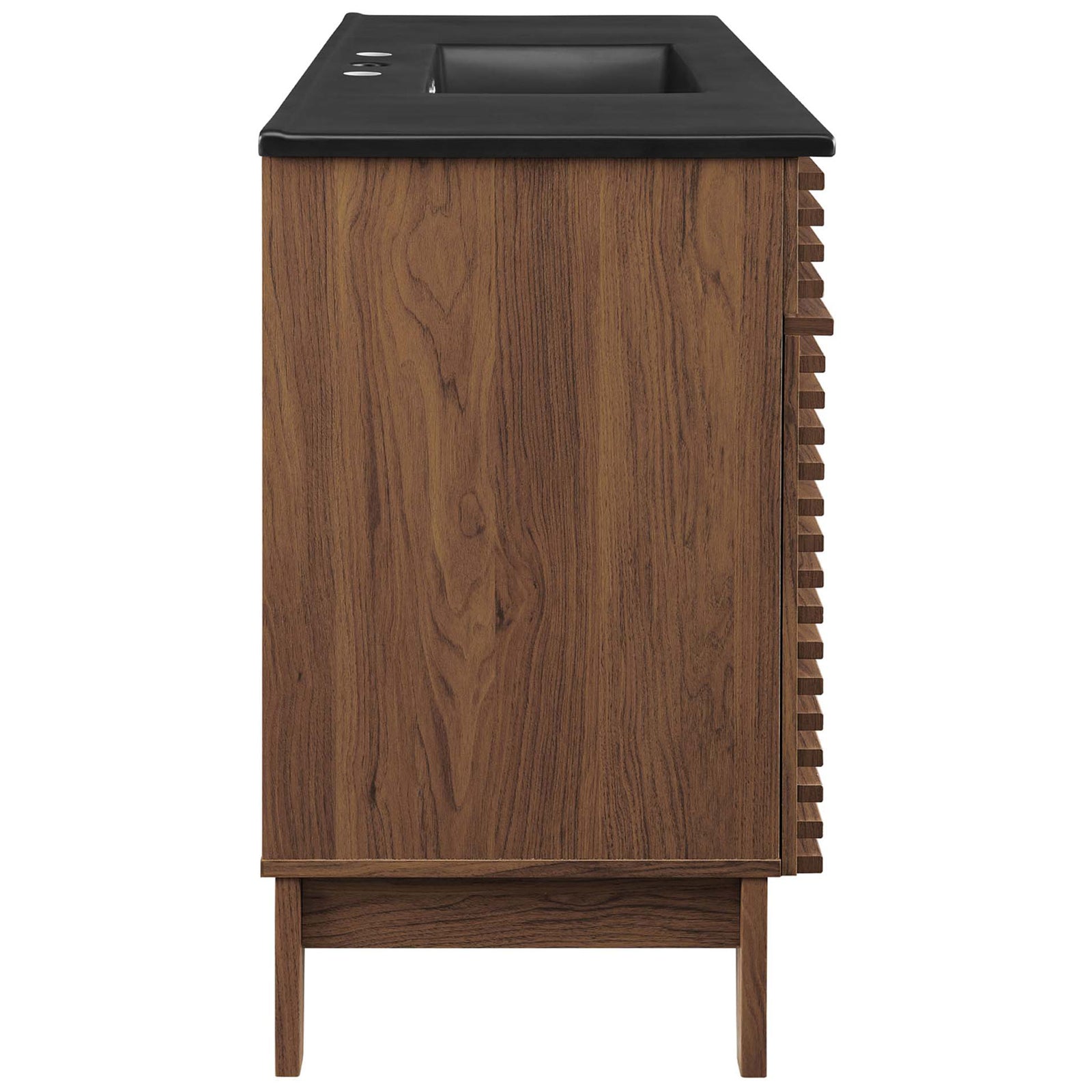 Rich walnut grain laminate and tapered wood legs showcase the vanity's sturdy build || EEI-5398-WAL-BLK || side_studio
