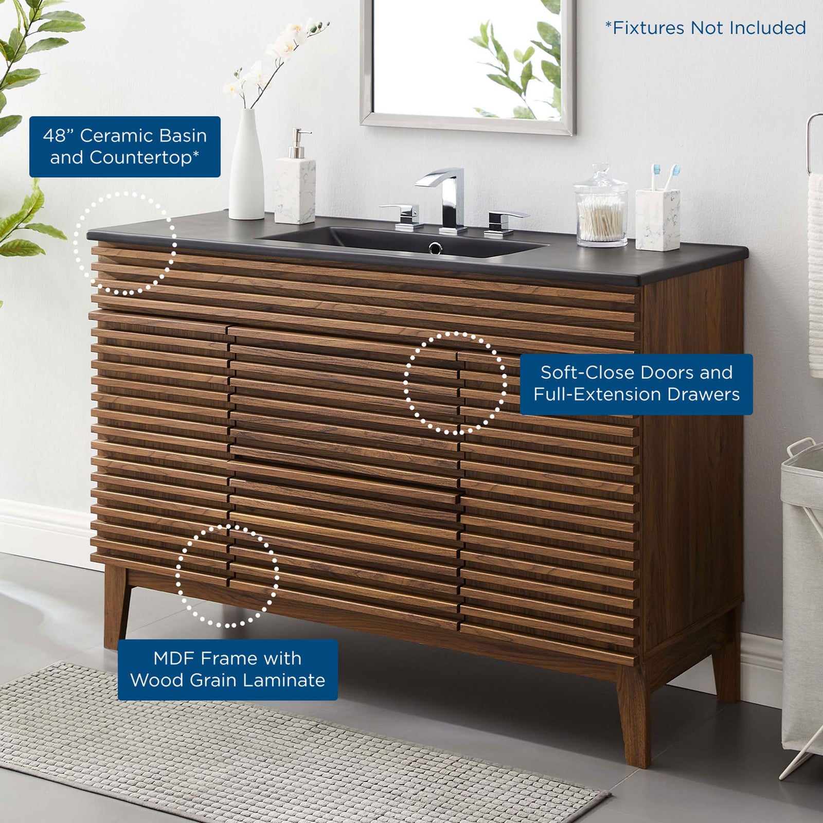Feature highlights show ceramic basin, soft-close storage, and a durable MDF frame || EEI-5398-WAL-BLK || callout_room
