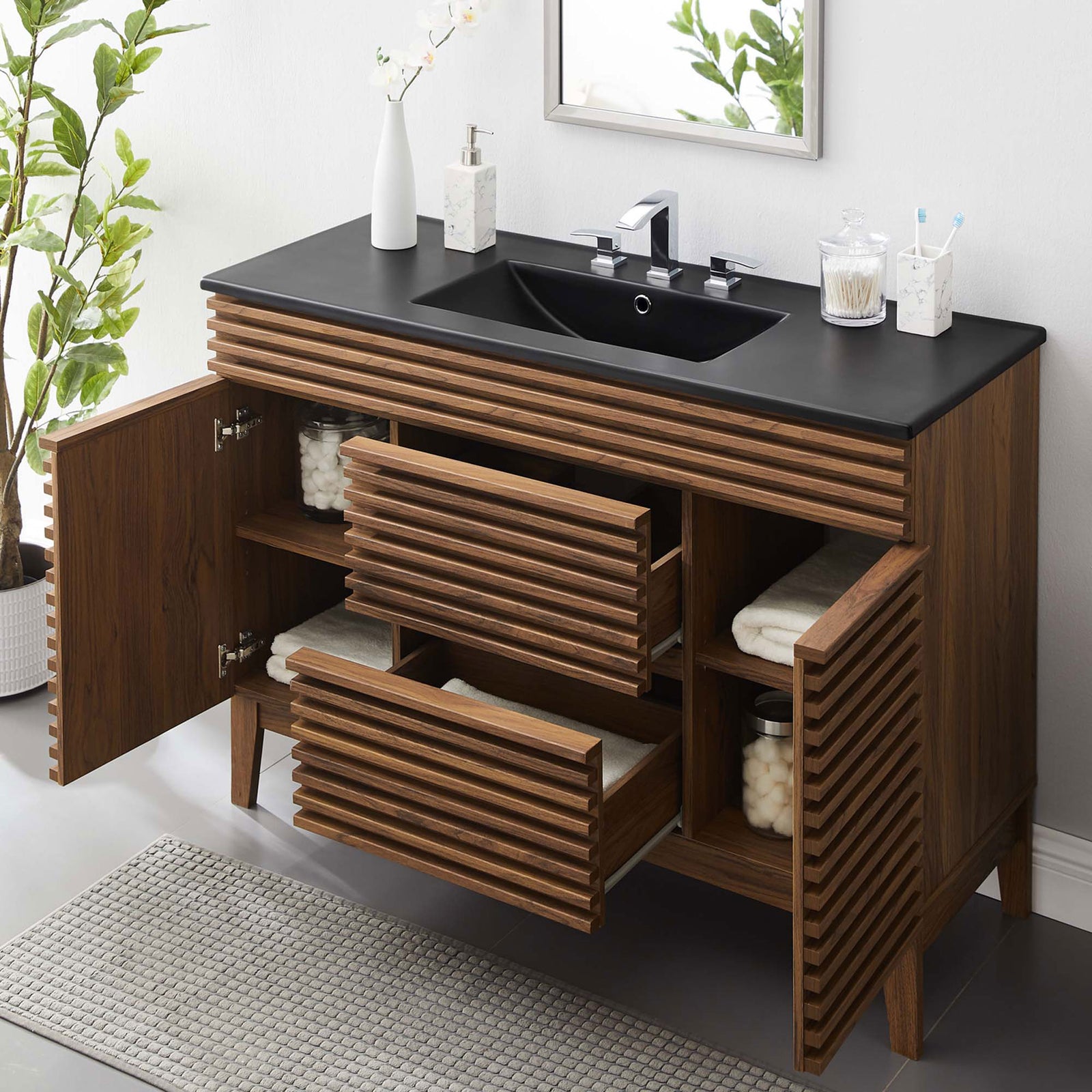 Generous storage layout with dual drawers and side cabinets keeps essentials within reach || EEI-5398-WAL-BLK || front_angle_open_room