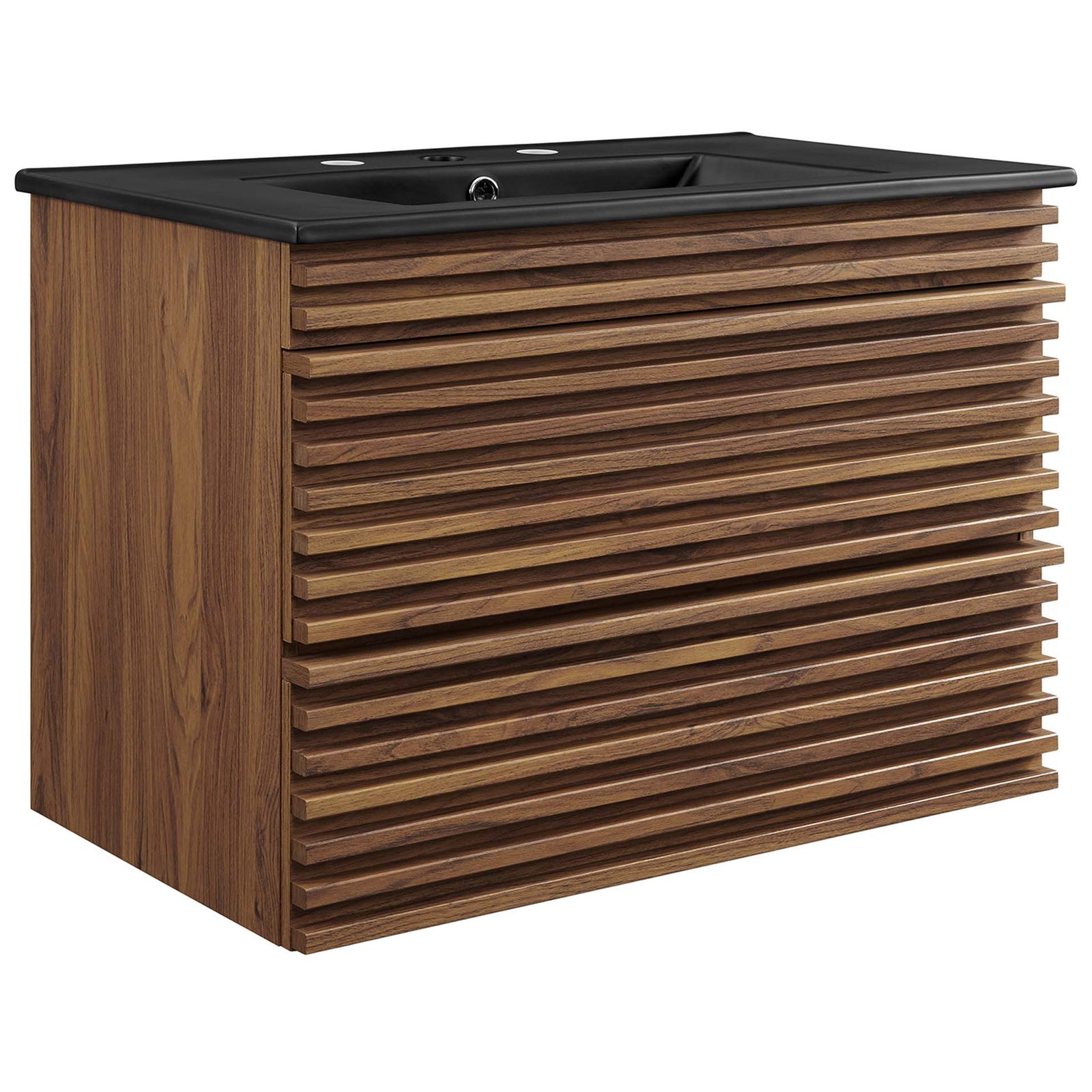 Compact wall-mount vanity with matte black basin and walnut slatted drawers. || EEI-5417-WAL-BLK || front_angle_studio