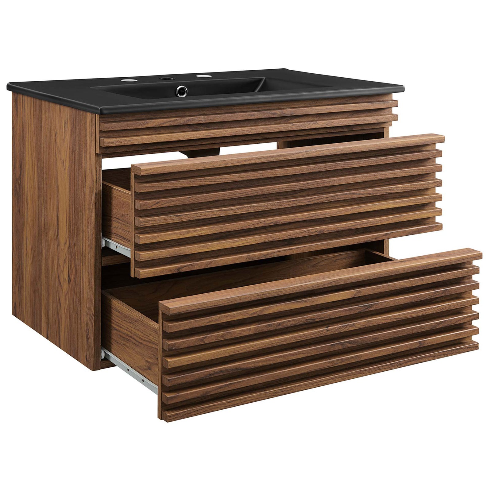 Full-extension drawers slide open smoothly beneath the integrated black basin. || EEI-5417-WAL-BLK || front_angle_open_studio