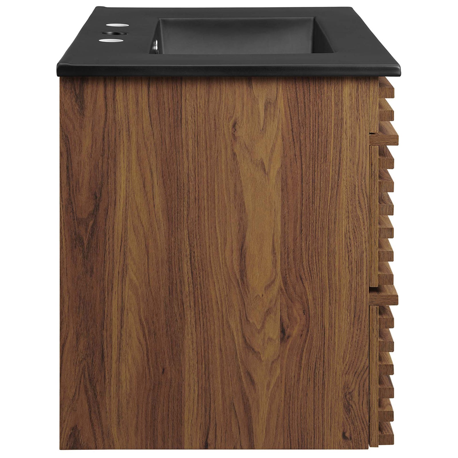 Walnut grain side panel underscores the sleek floating design. || EEI-5417-WAL-BLK || side_studio