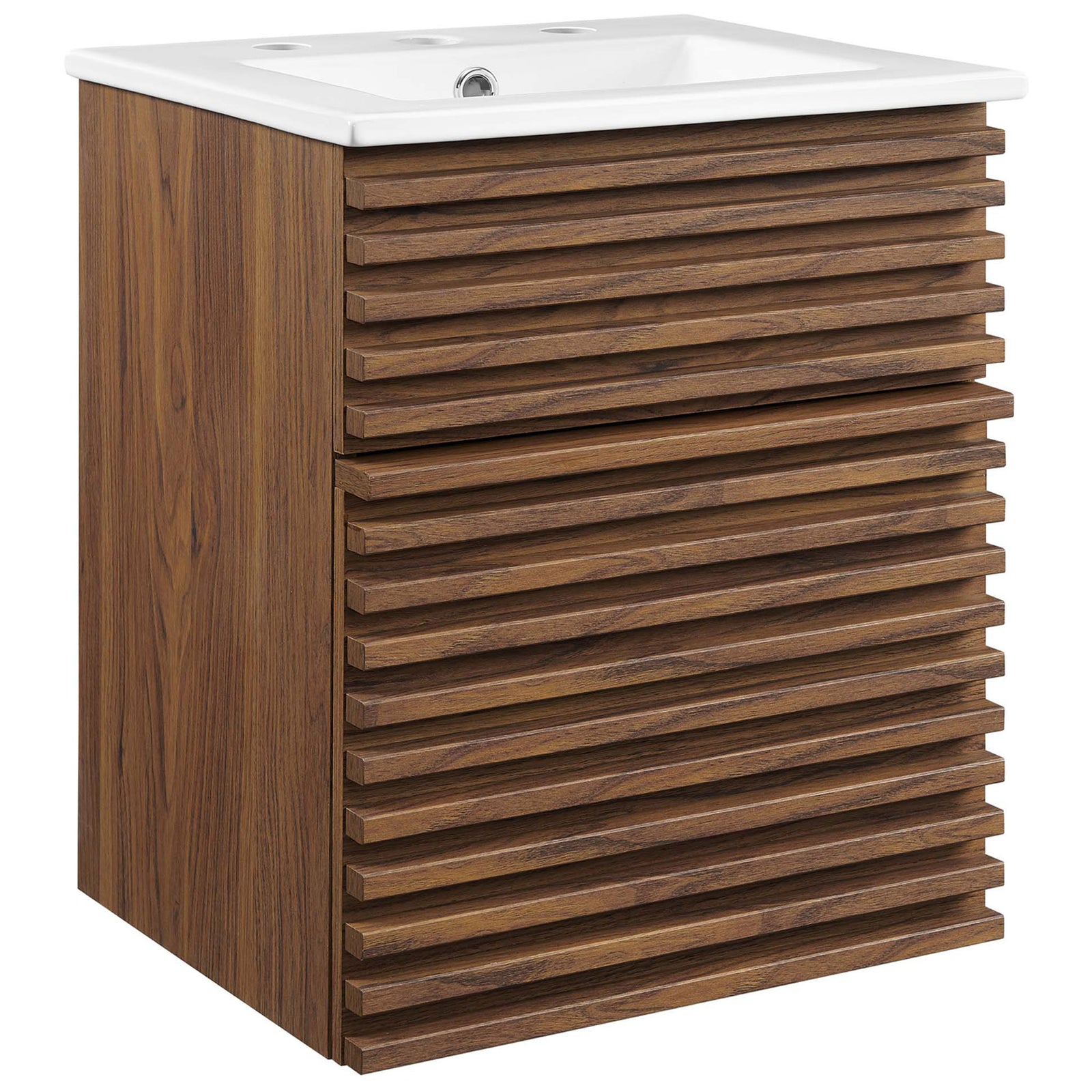 Mid-century wall-mount vanity with slatted walnut front and integrated white ceramic basin || EEI-5419-WAL-WHI || front_angle_studio