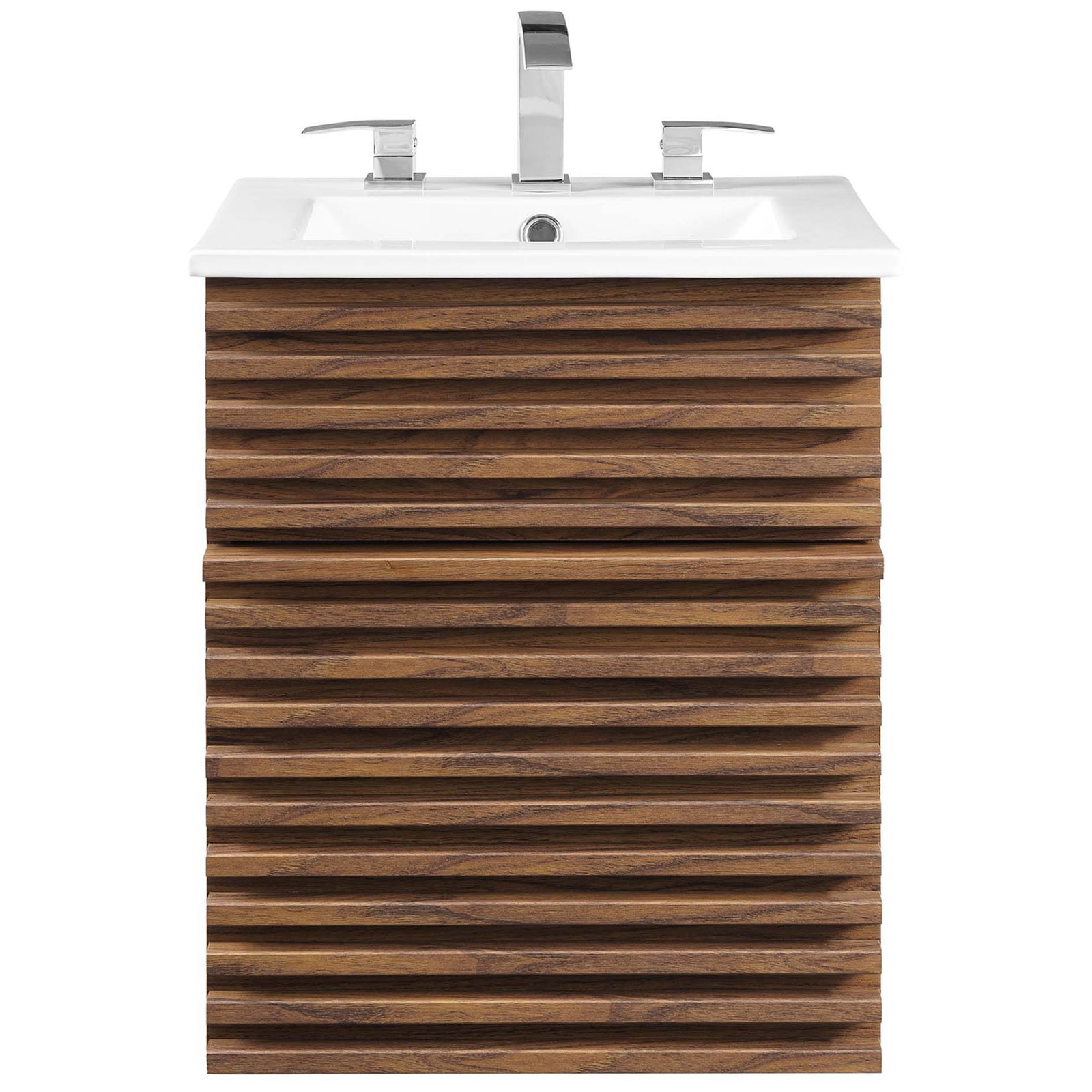 Crisp front profile with textured walnut slats and a sleek integrated ceramic sink || EEI-5419-WAL-WHI || front_studio