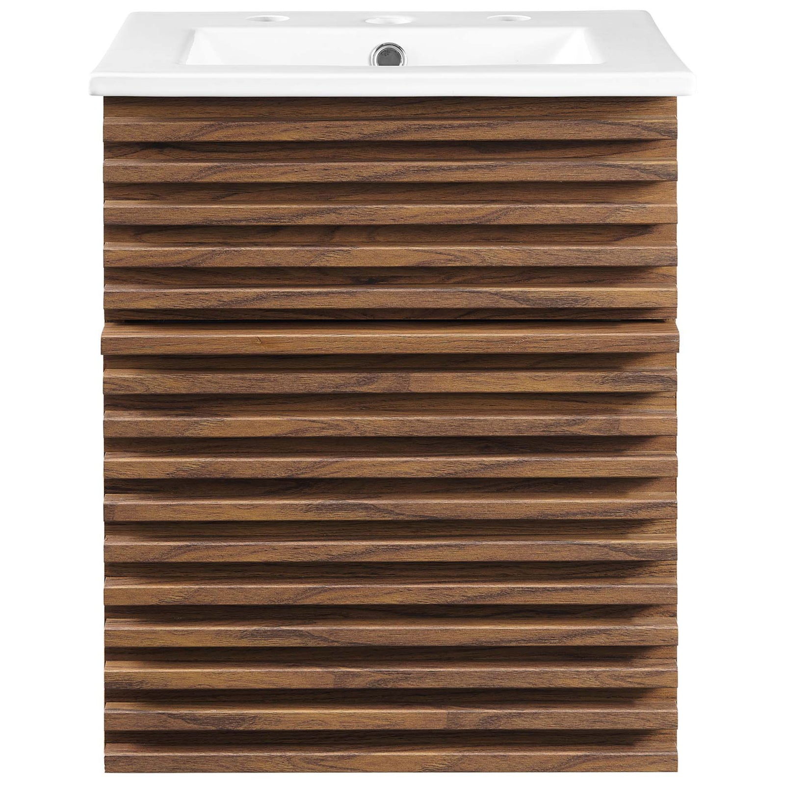 Clean-lined vanity showcasing the geometric slatted facade and integrated basin with three faucet holes || EEI-5419-WAL-WHI || front_studio