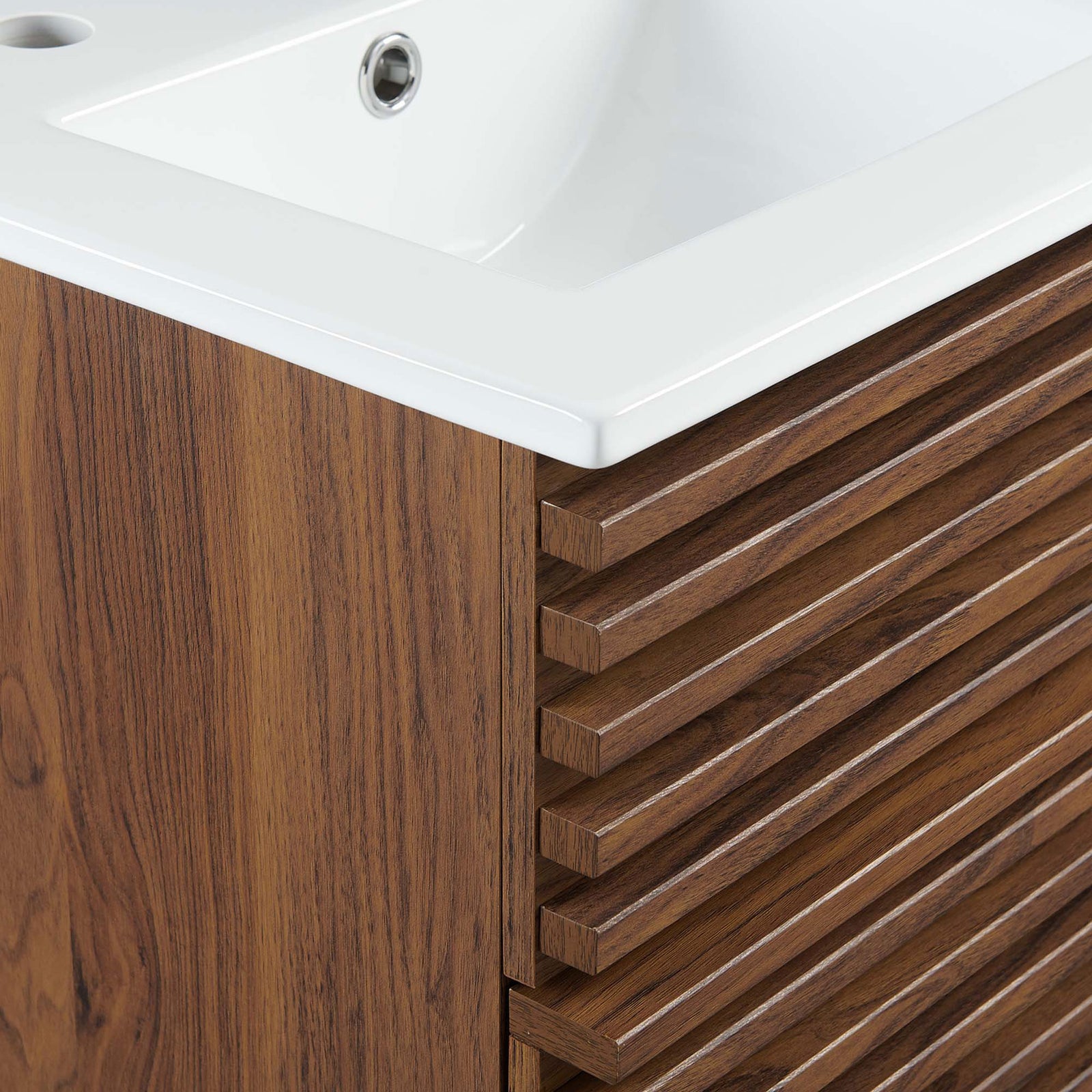 Fluted walnut drawer front meets the smooth ceramic countertop edge || EEI-5419-WAL-WHI || detail_studio
