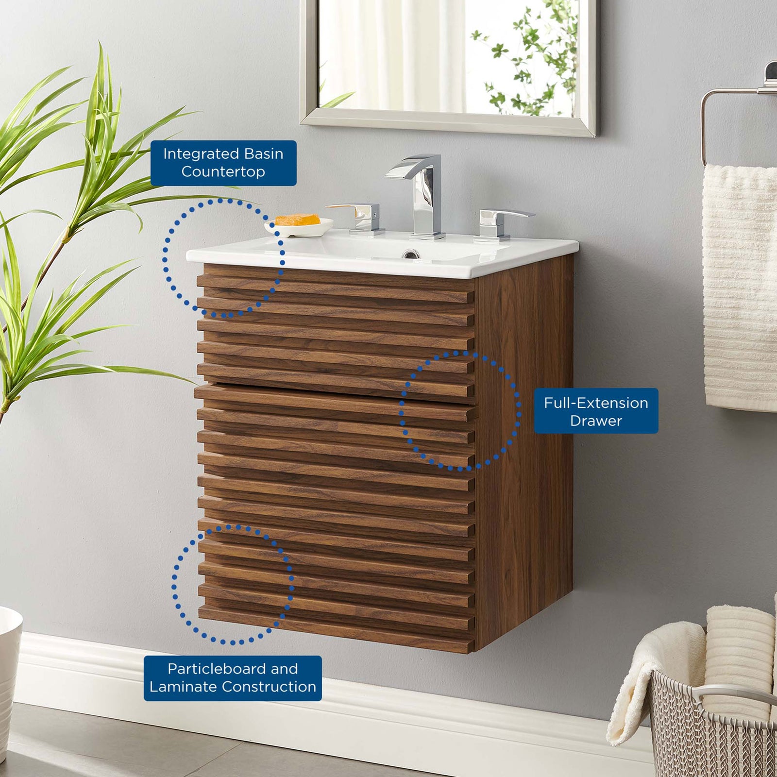 Integrated basin top, full-extension drawer, and durable laminate construction highlighted || EEI-5419-WAL-WHI || callout_room