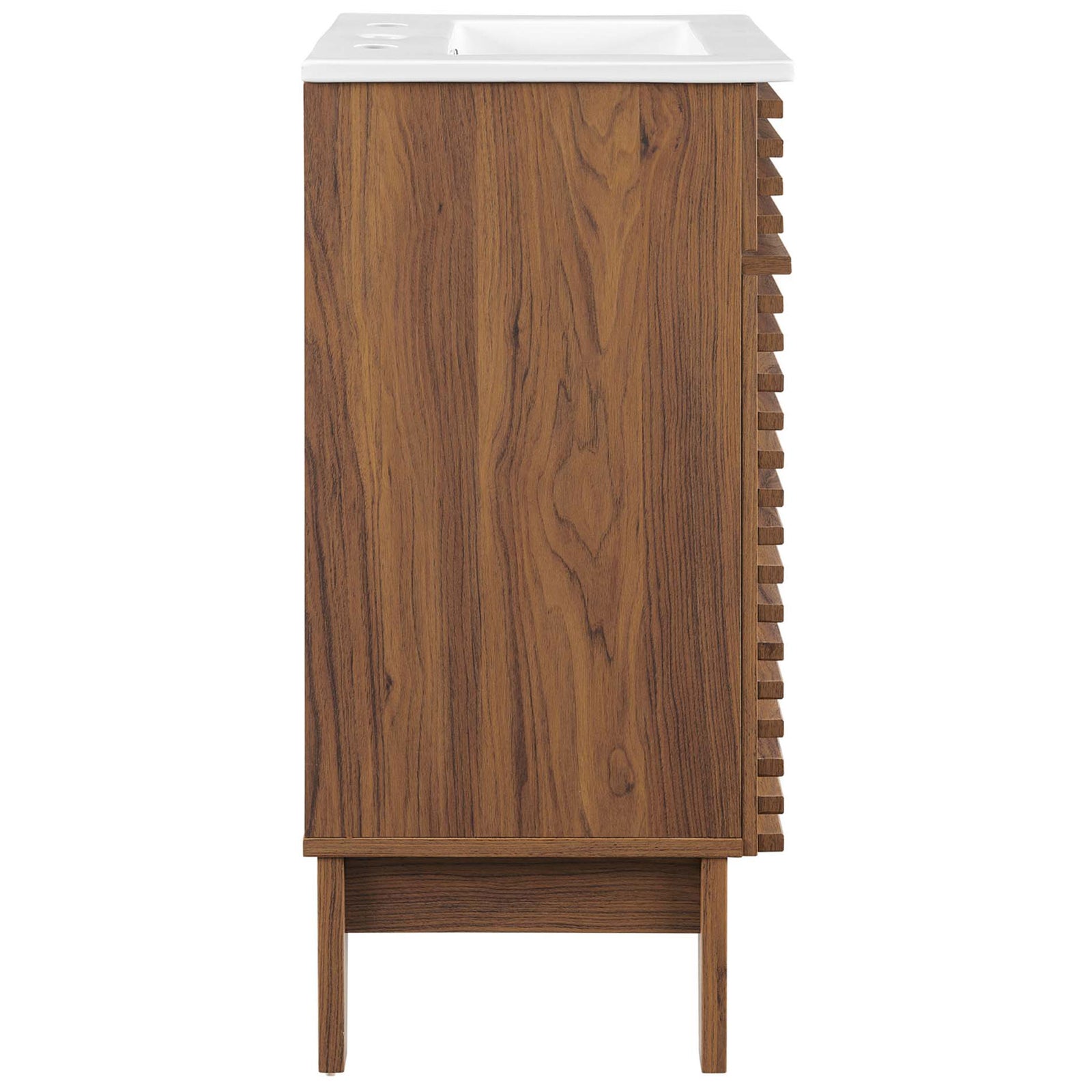 Rich walnut wood grain and clean side profile elevate small-space bath style. || EEI-5420-WAL-WHI || side_studio