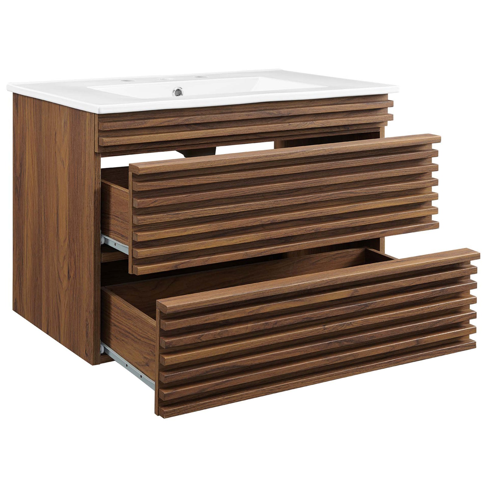 Full-extension drawers open to reveal generous storage in the 30-inch walnut wall-mounted vanity. || EEI-5421-WAL-WHI || front_angle_open_studio