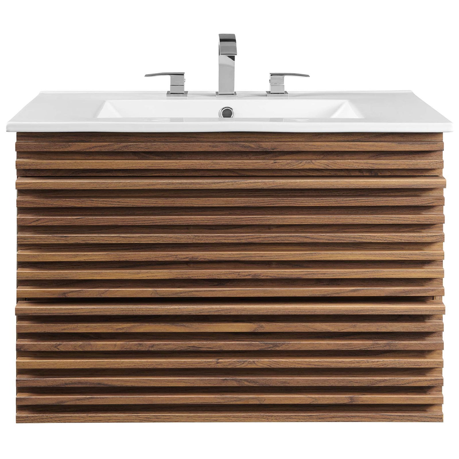 30-inch floating vanity pairing a walnut slat facade with a crisp white ceramic top, faucet shown. || EEI-5421-WAL-WHI || front_studio