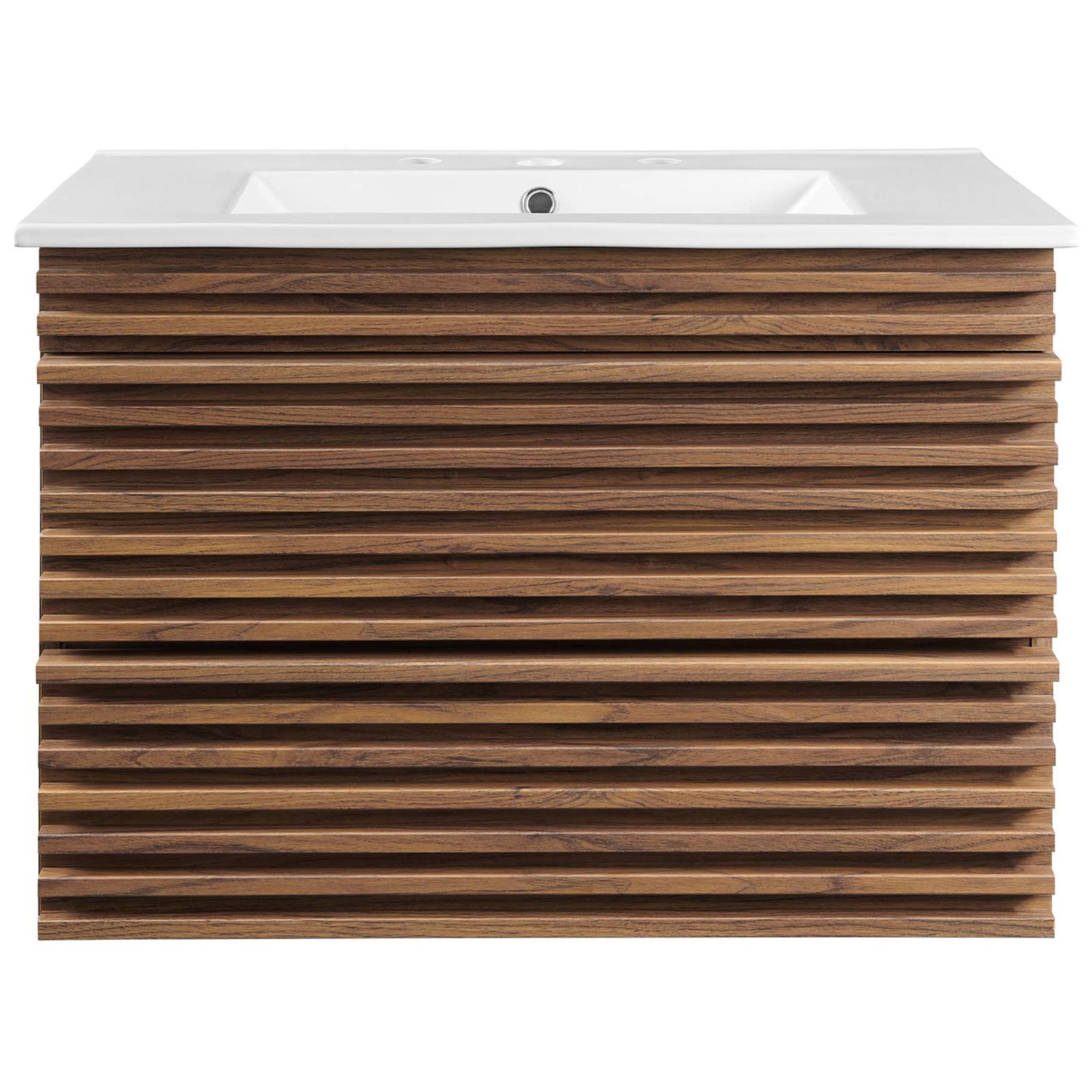 Mid-century 30-inch wall-mounted vanity with slatted walnut drawers and an integrated ceramic sink. || EEI-5421-WAL-WHI || front_studio