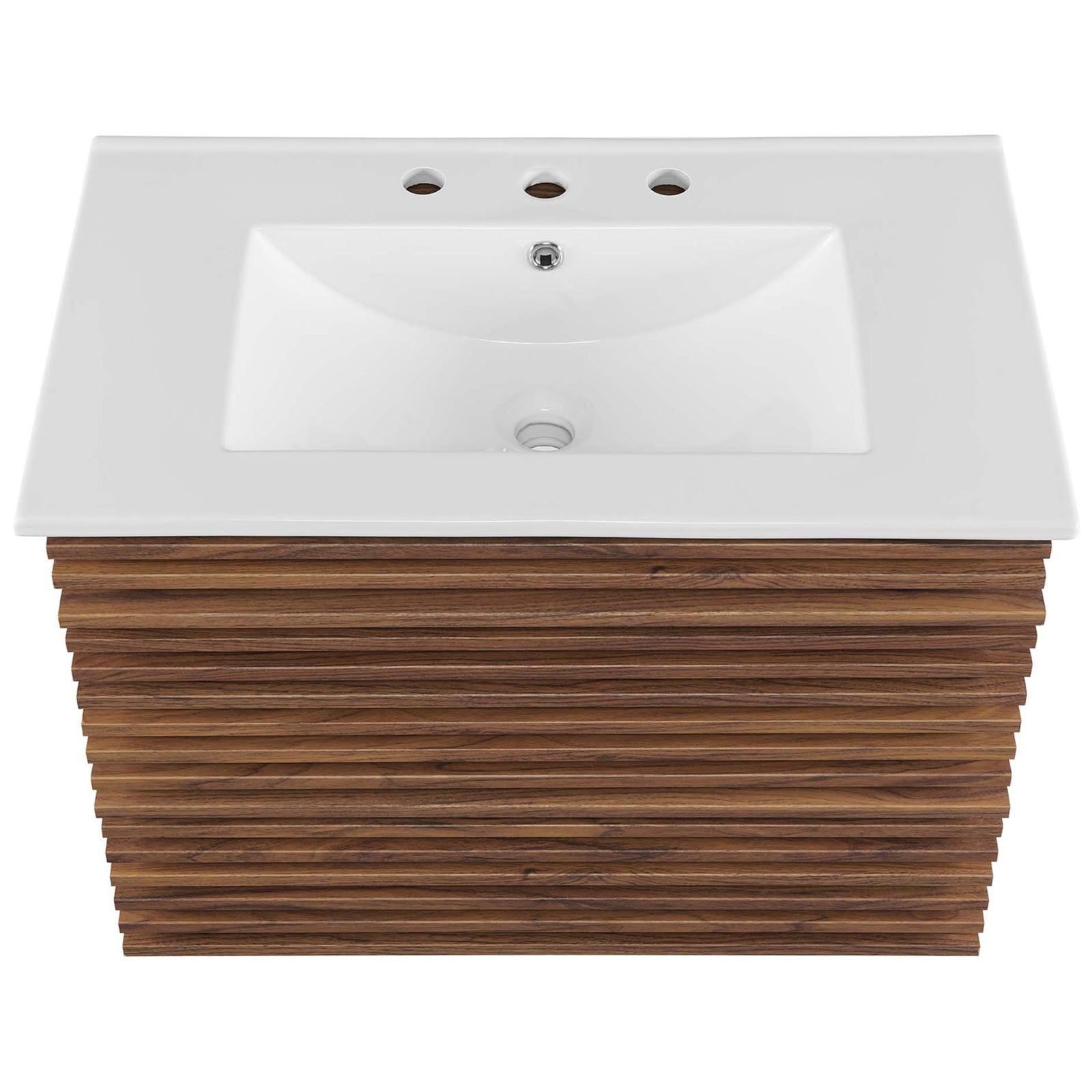 Rectangular ceramic basin with pre-drilled 8-inch widespread holes completes the 30-inch vanity. || EEI-5421-WAL-WHI || top_studio