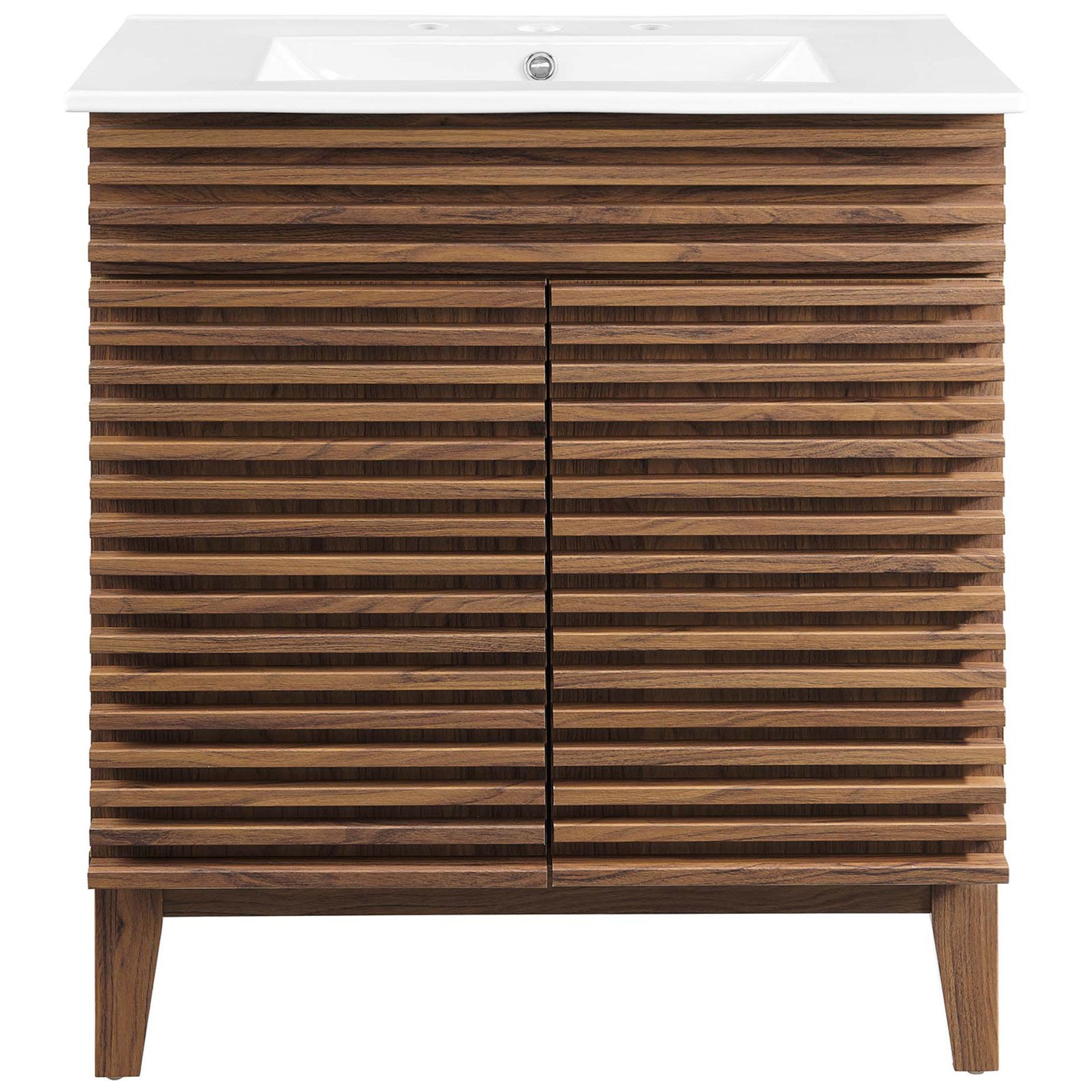 Streamlined cabinet with slatted double doors and integrated ceramic sink. || EEI-5422-WAL-WHI || front_studio