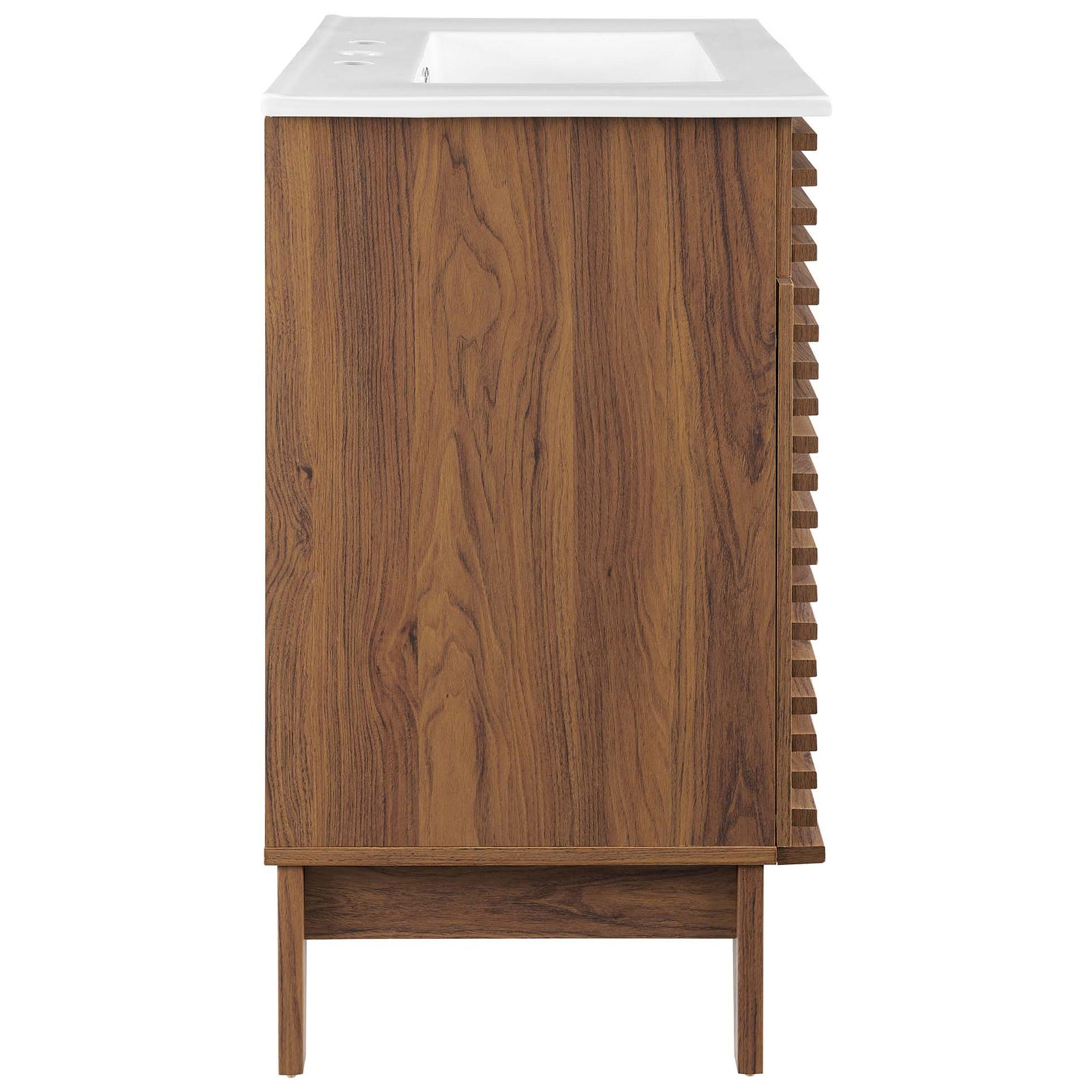 Warm walnut laminate wraps clean-lined panels above a sturdy raised base. || EEI-5422-WAL-WHI || side_studio