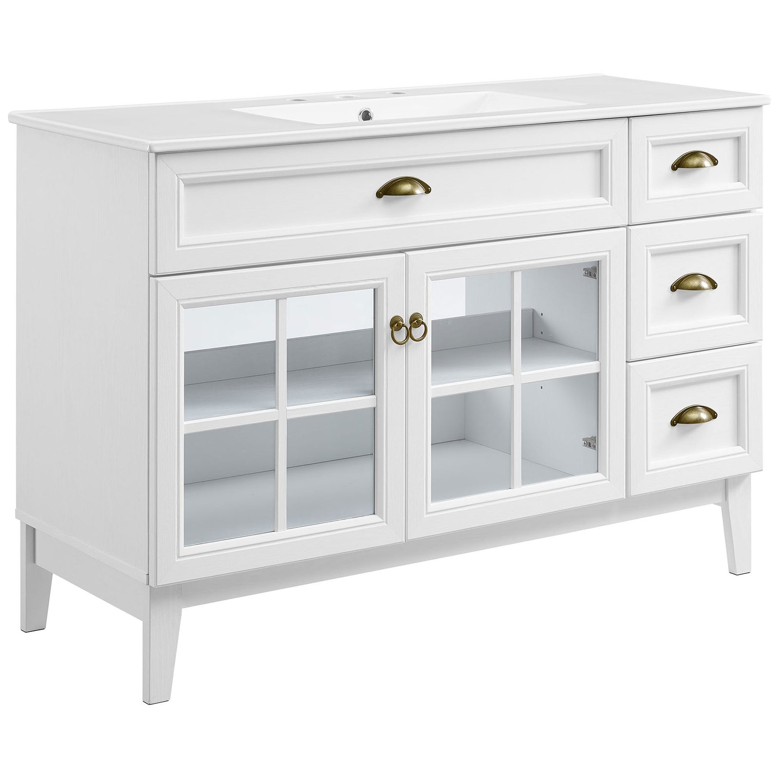 Sleek white vanity with tapered legs and paneled fronts, showcasing glass cabinet doors and drawers || EEI-5427-WHI-WHI || front_angle_studio