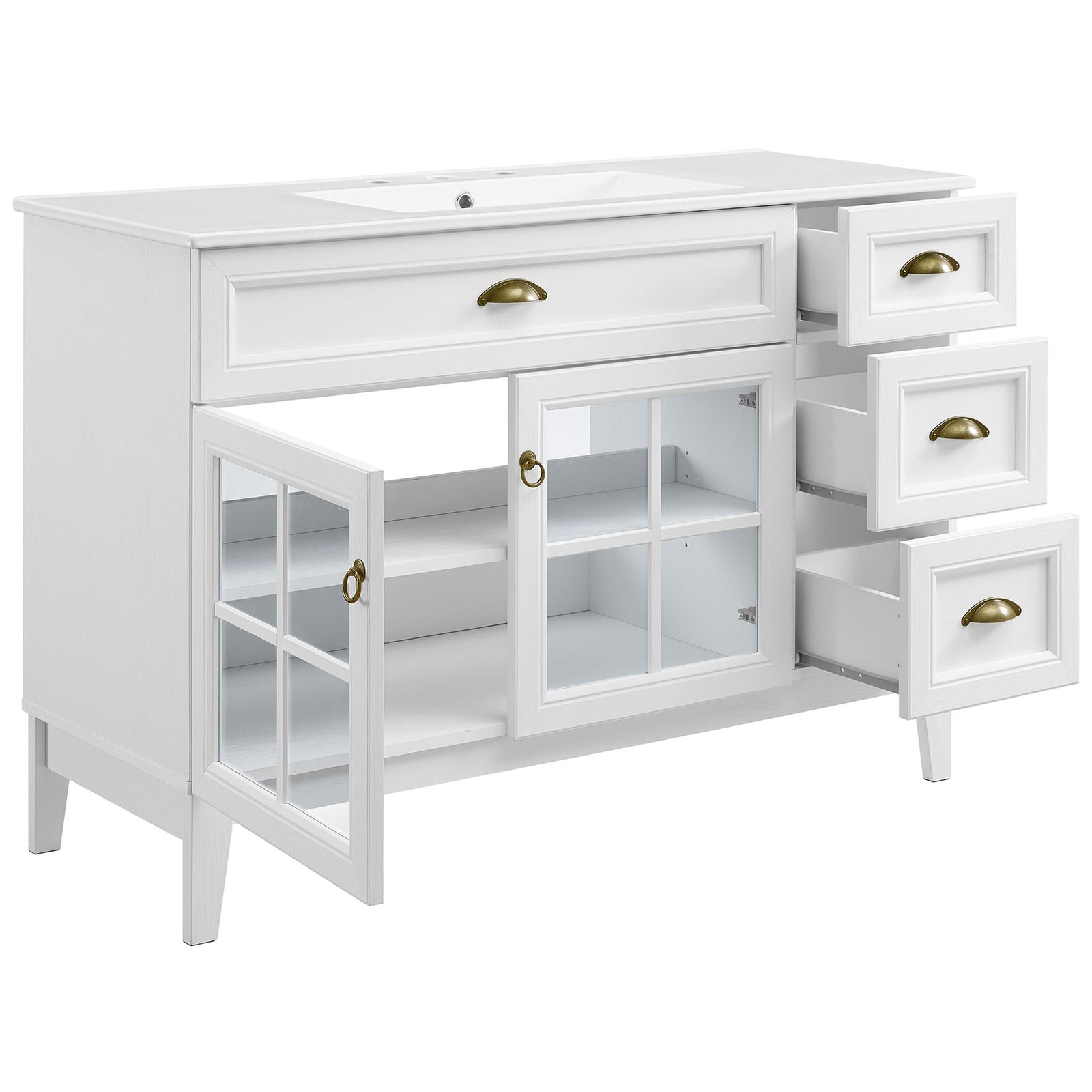 Open storage shows adjustable shelves and smooth-glide drawers beneath the integrated sink || EEI-5427-WHI-WHI || front_angle_open_studio