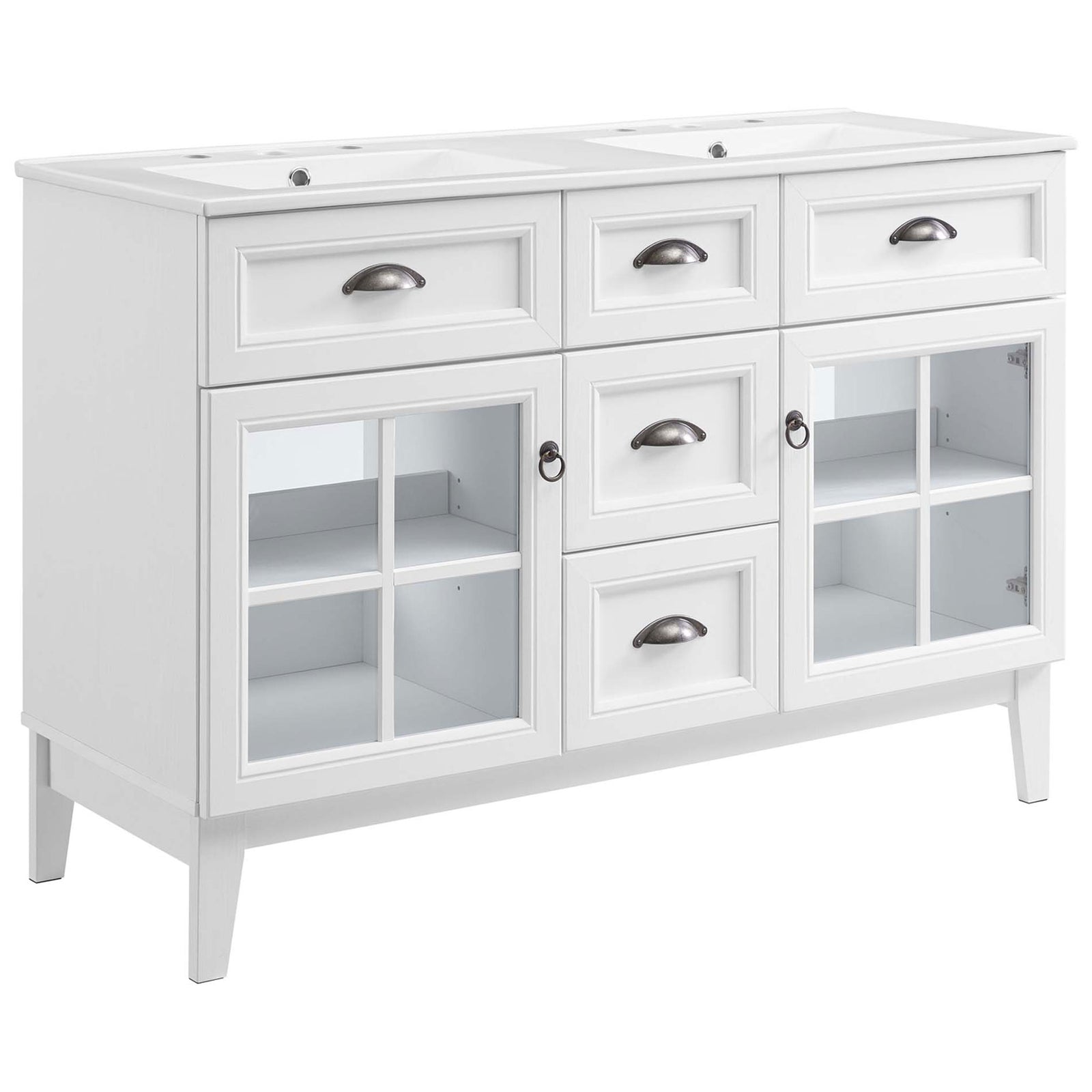 Coastal-inspired vanity showcases windowpane doors, tapered legs, and a bright white wood grain || EEI-5428-WHI-WHI || front_angle_studio