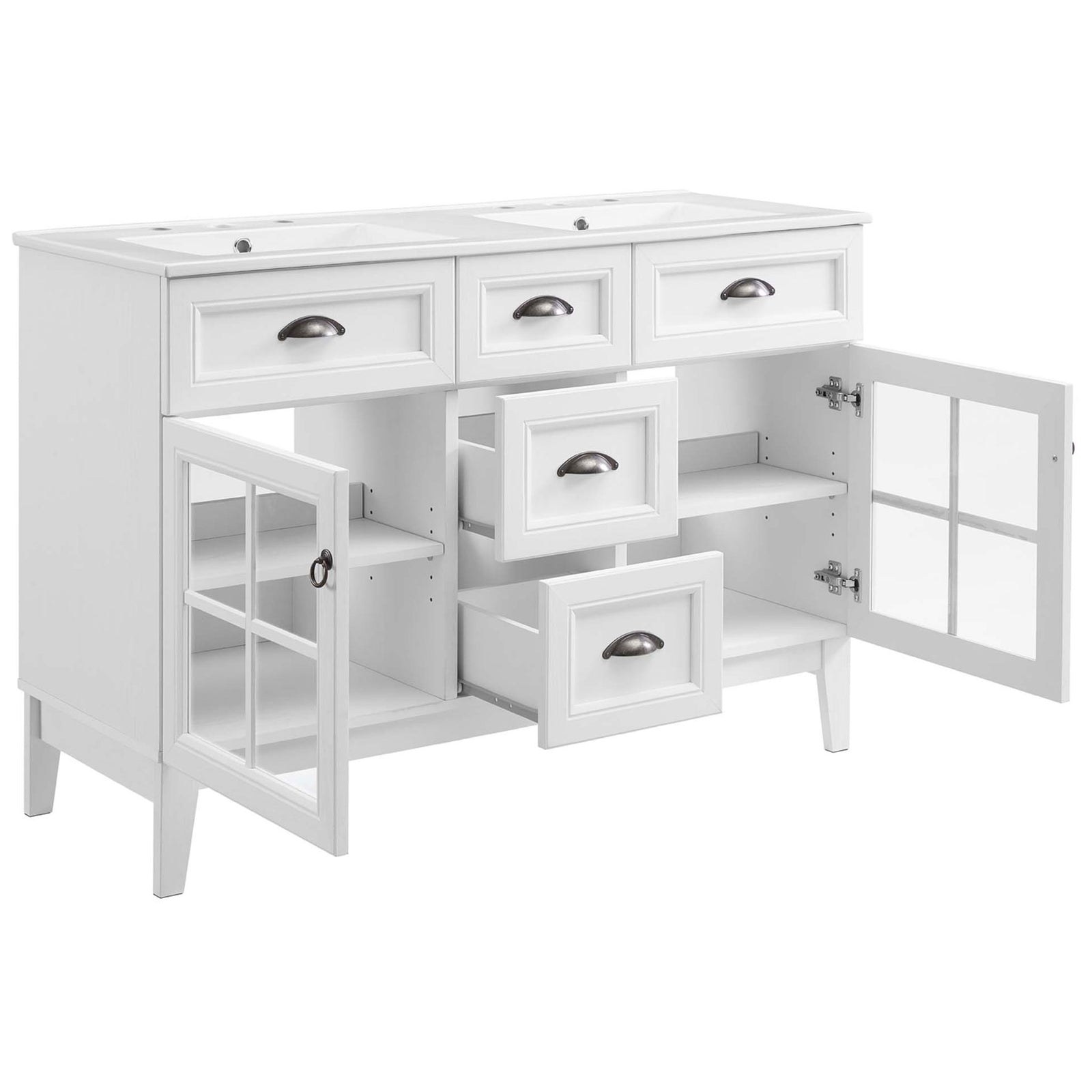 Ample storage with adjustable shelves and smooth drawers behind windowpane doors || EEI-5428-WHI-WHI || front_angle_open_studio
