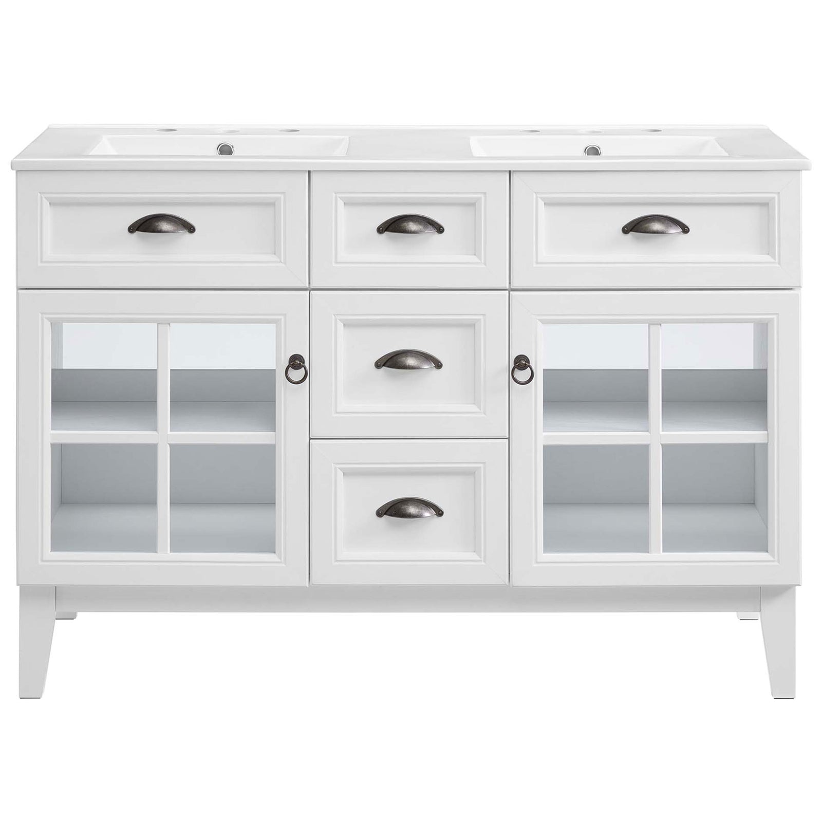 Sleek white 48 inch double vanity with dual basins, glass-door storage, and three center drawers || EEI-5428-WHI-WHI || front_studio