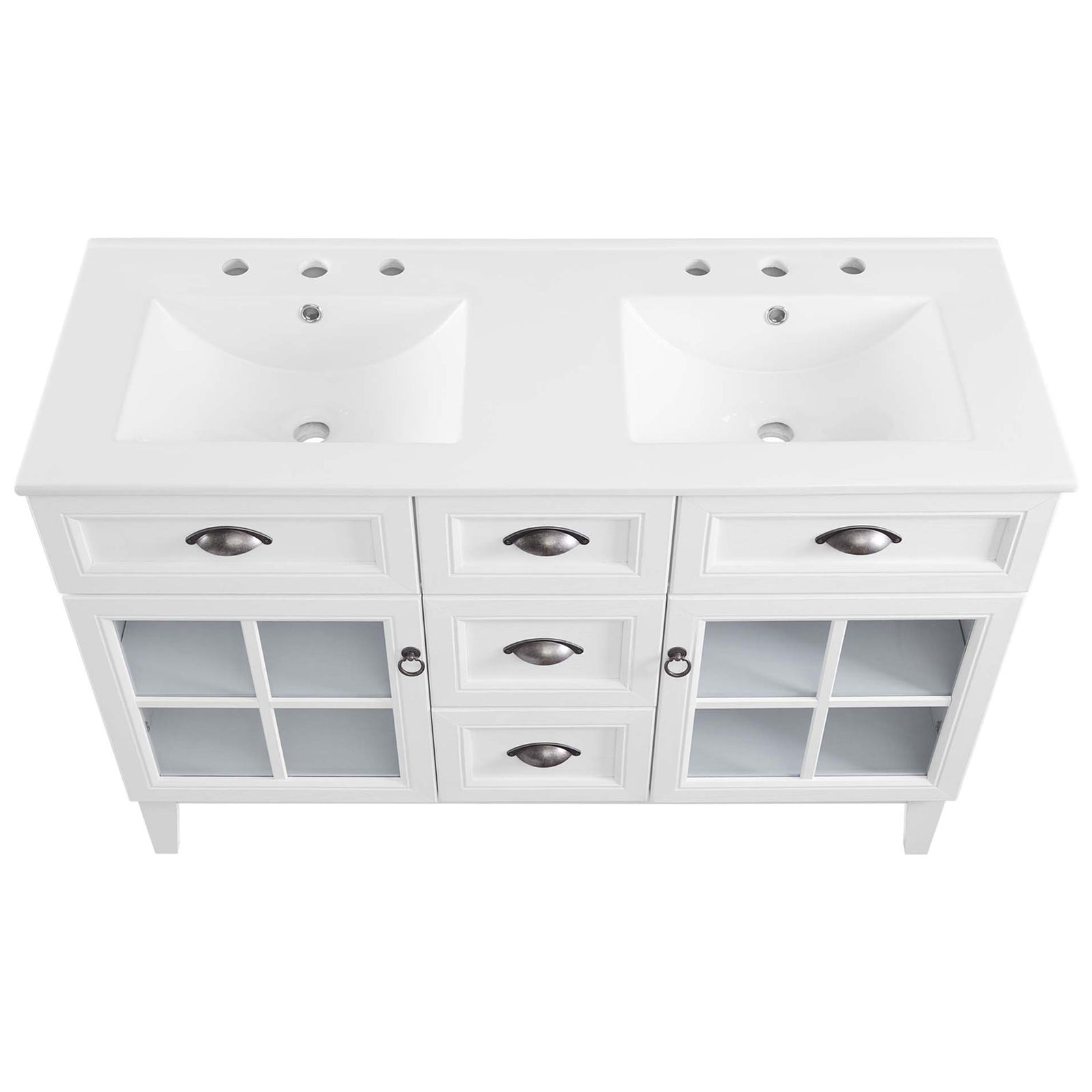 Dual rectangular basins with integrated countertop and pre-drilled widespread faucet holes || EEI-5428-WHI-WHI || top_studio
