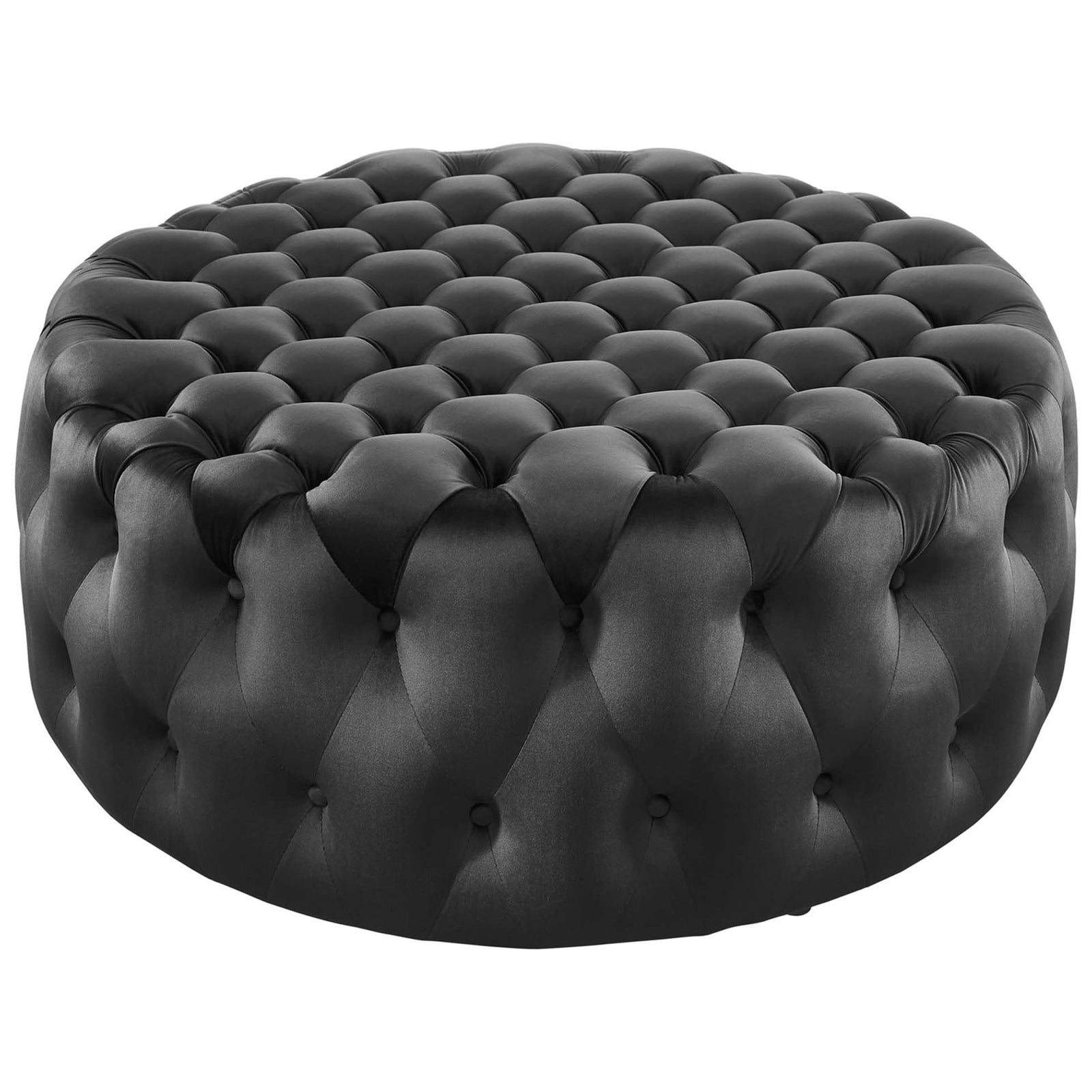 Round black performance velvet ottoman showcasing luxurious allover button tufting and smooth, low profile form || EEI-5469-BLK || front_angle_studio