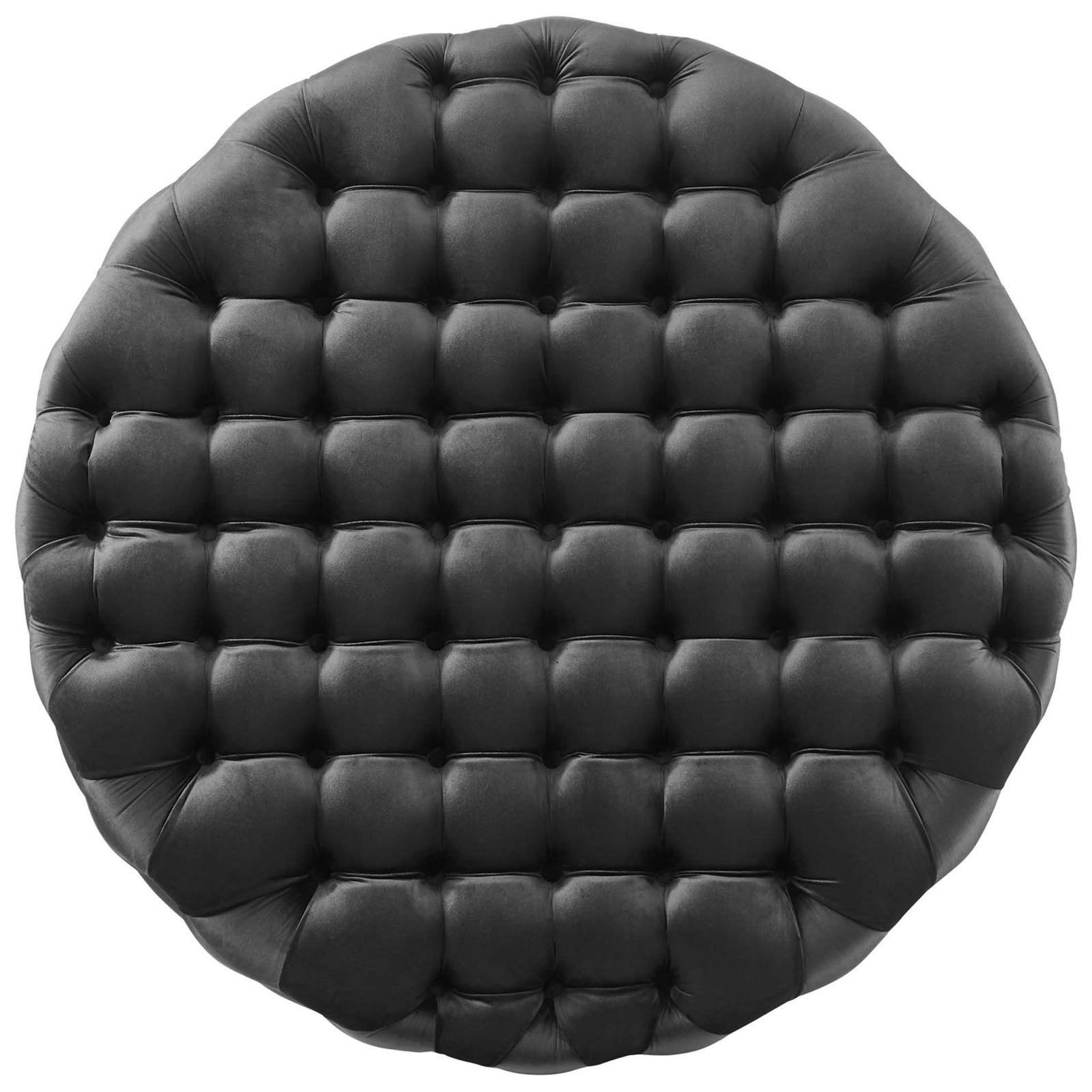 Top surface of the large round black tufted ottoman, revealing its plush grid of performance velvet buttons || EEI-5469-BLK || top_studio