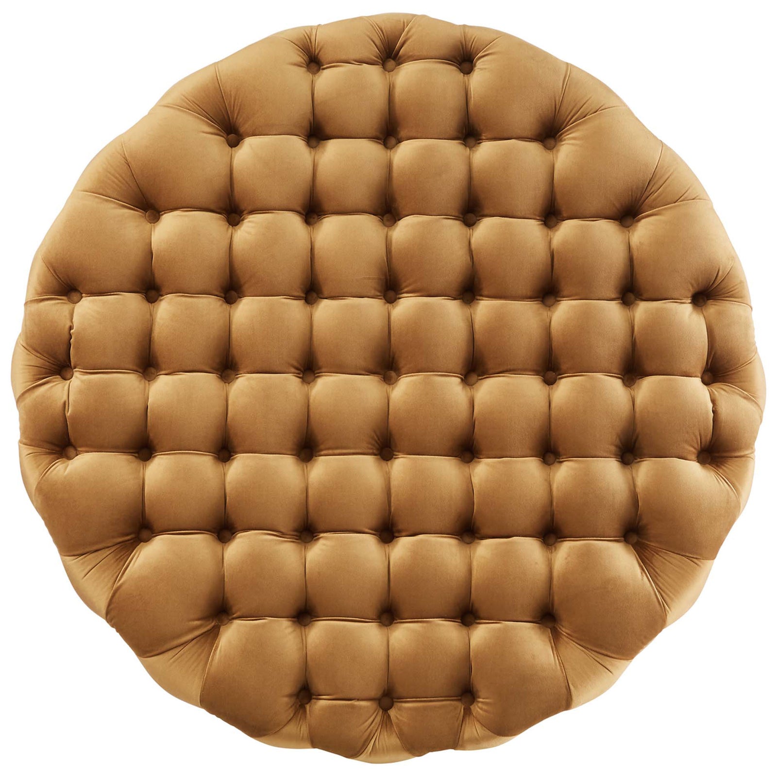 Overhead view of large round cognac velvet ottoman with button tufted grid pattern and smooth edges || EEI-5469-COG || top_studio