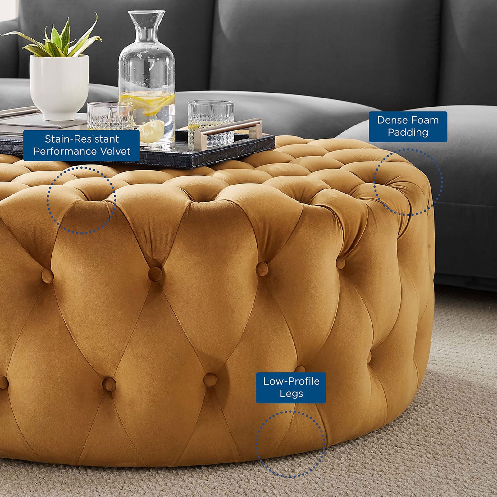 Cognac velvet ottoman highlighting stain resistant fabric, dense foam padding, and low profile legs || EEI-5469-COG || callout_room