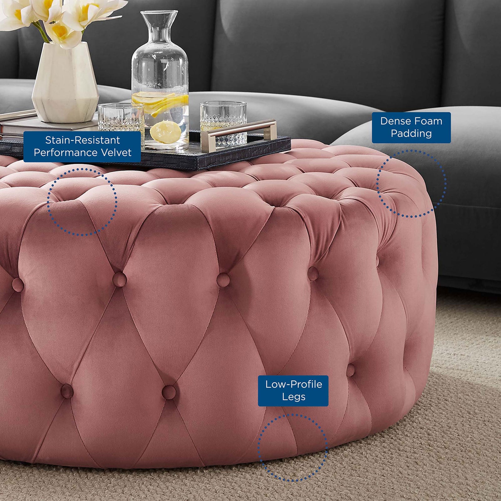 Dusty rose performance velvet ottoman showcasing dense foam padding, stain resistant fabric, and low profile legs || EEI-5469-DUS || callout_room