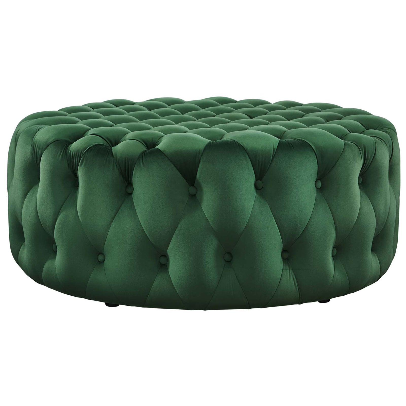 Low profile emerald ottoman highlighting its rounded silhouette and luxurious velvet texture || EEI-5469-EME || side_studio