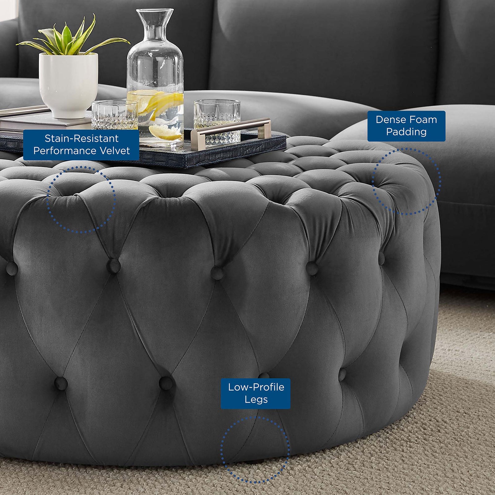 Gray tufted velvet ottoman with callouts for stain-resistant fabric, dense foam padding, and low-profile legs || EEI-5469-GRY || callout_room