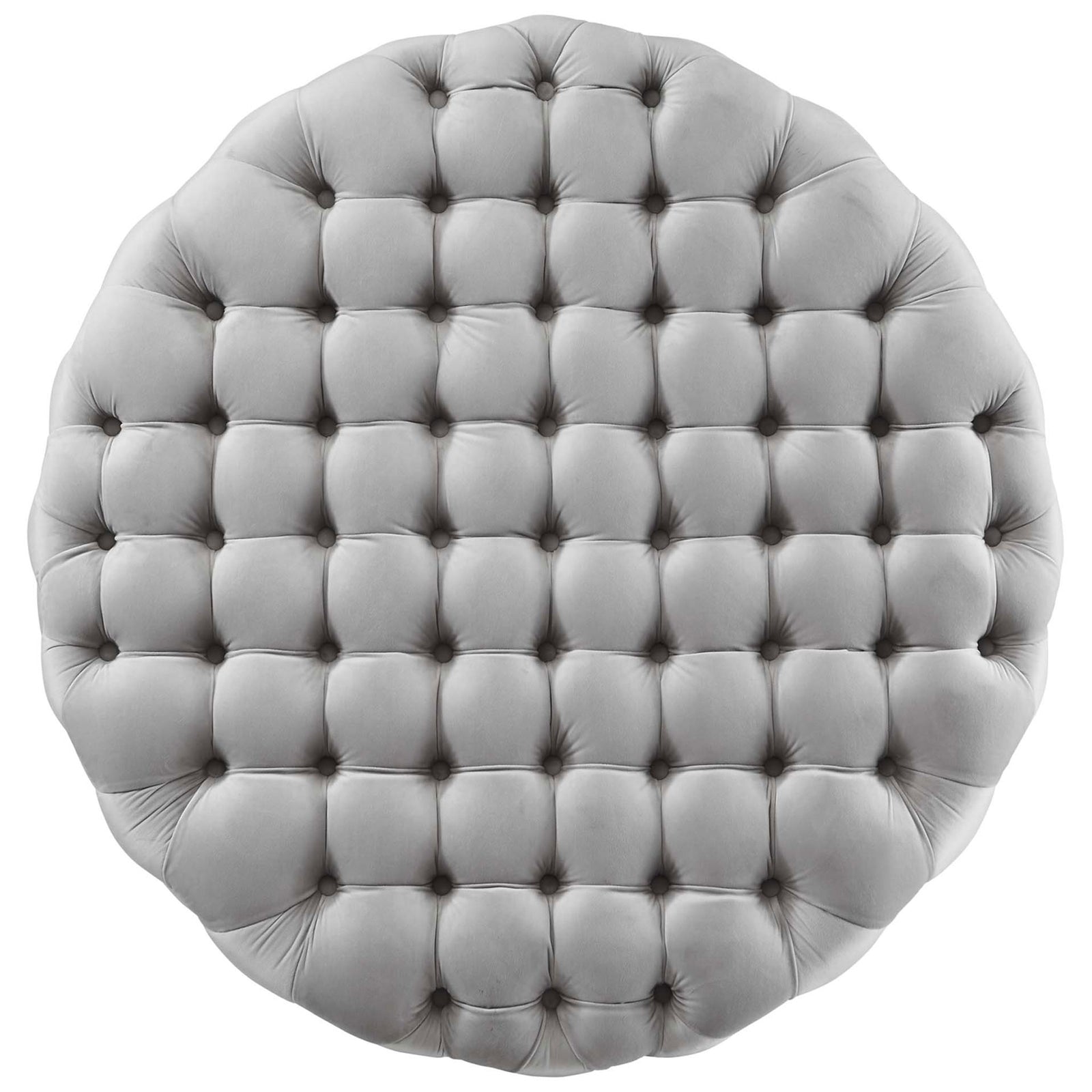 Spacious light gray tufted round ottoman offering a generous cushioned surface for trays, books, and decor || EEI-5469-LGR || top_studio