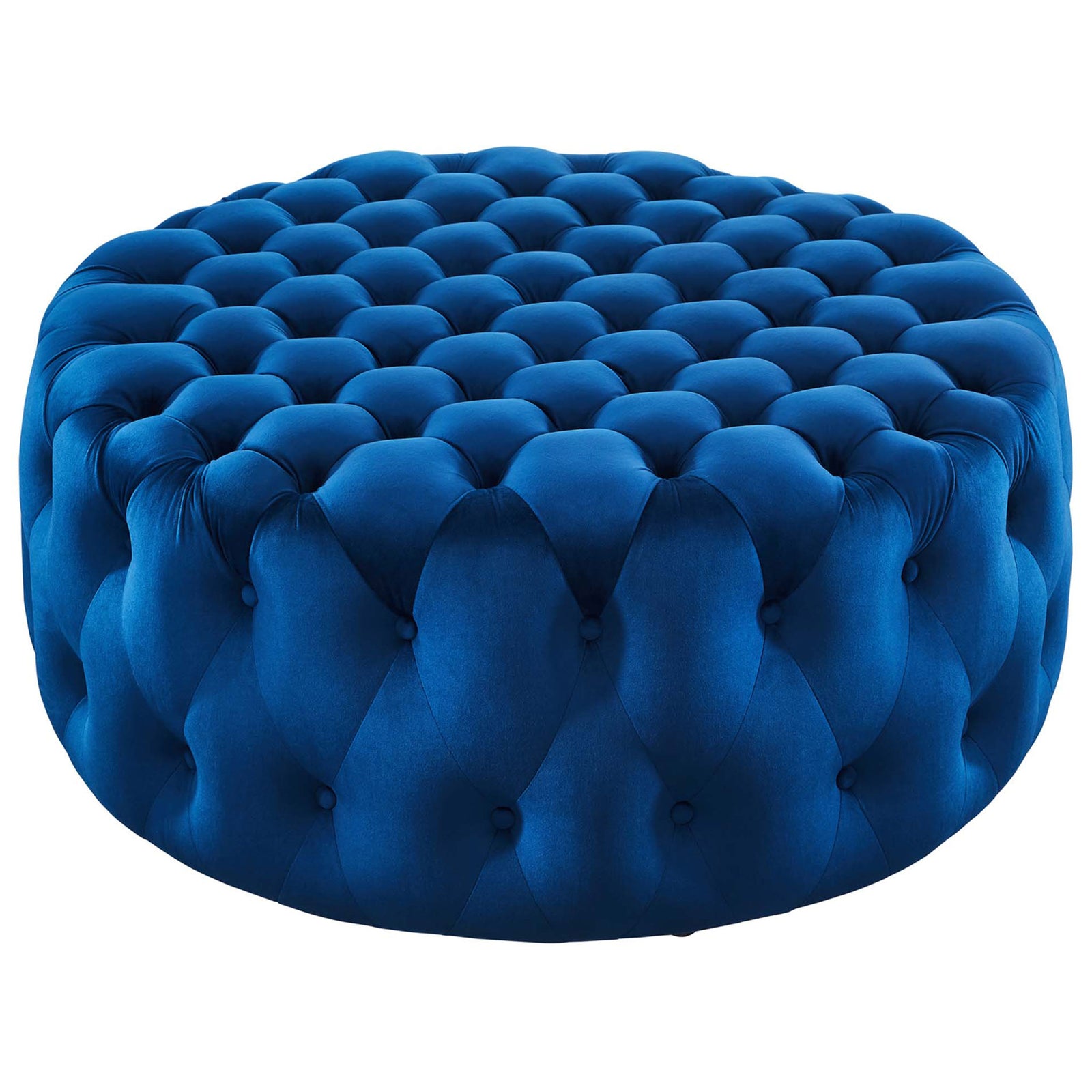 Navy performance velvet round ottoman with deep diamond tufting brings plush glamour to your living space || EEI-5469-NAV || front_studio