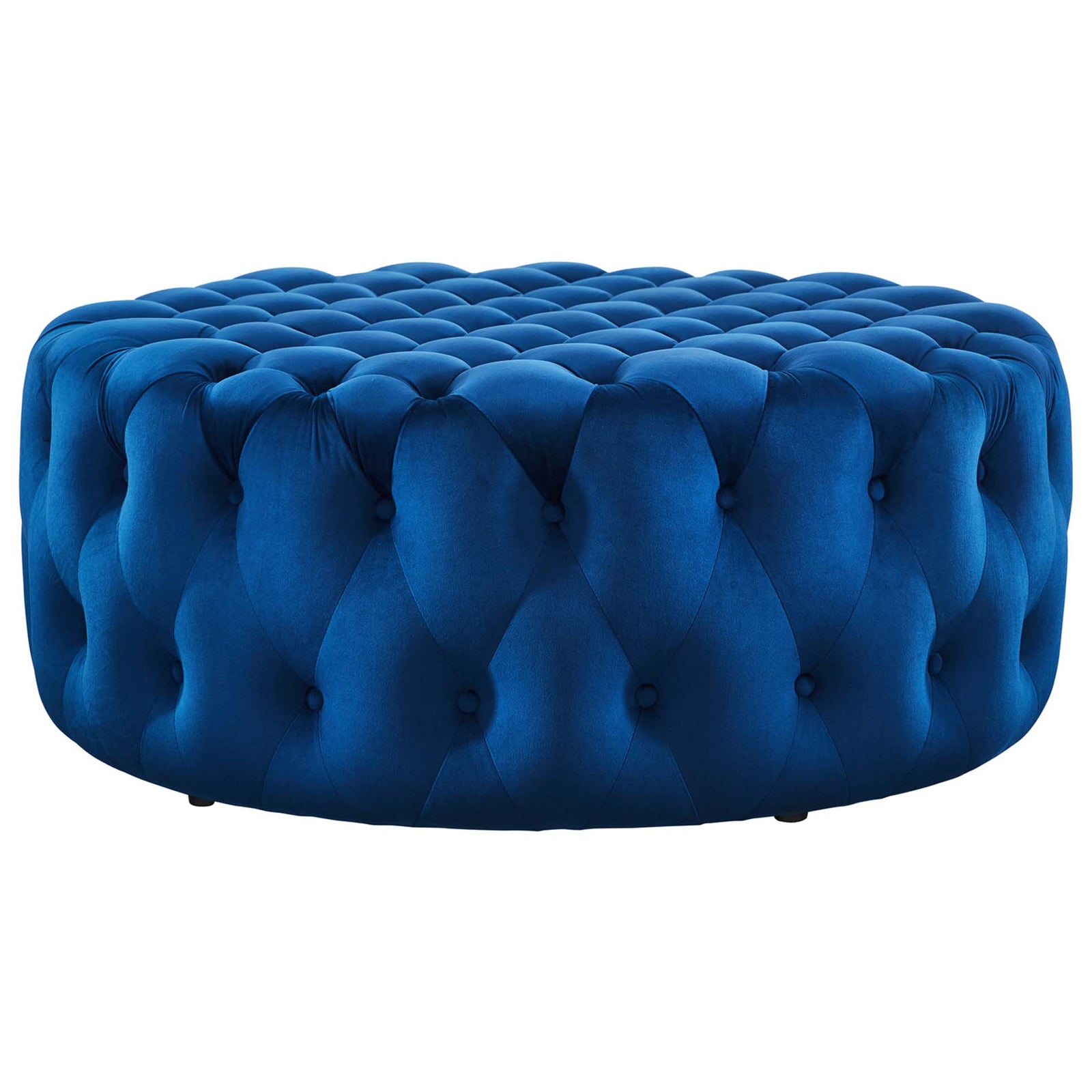 Low profile circular ottoman in rich navy performance velvet shows allover tufting for a tailored, modern look || EEI-5469-NAV || front_angle_studio