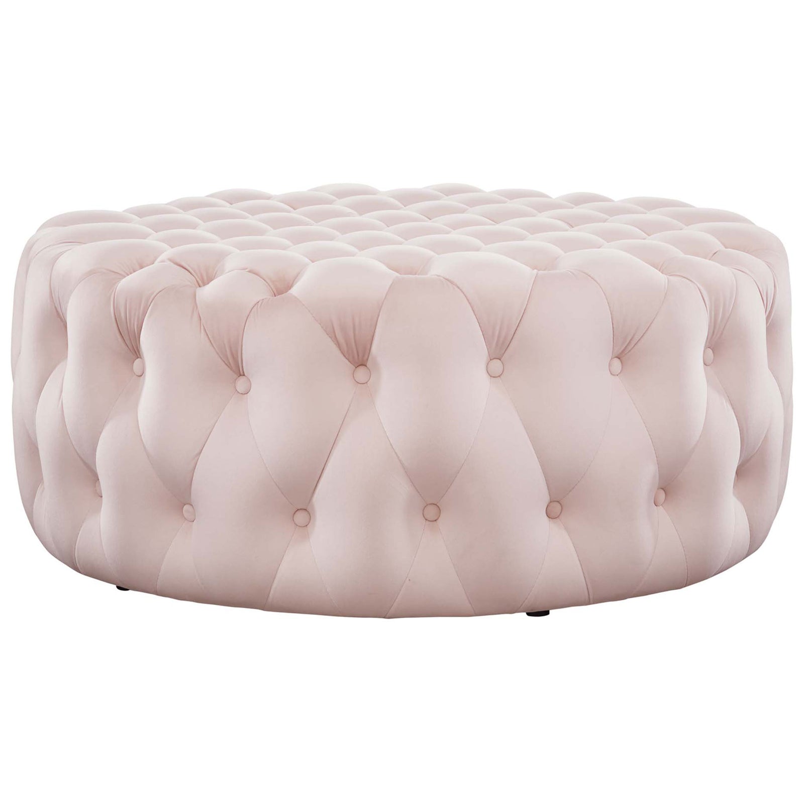 Plush pink button-tufted round velvet ottoman with smooth low base and tailored look || EEI-5469-PNK || front_angle_studio