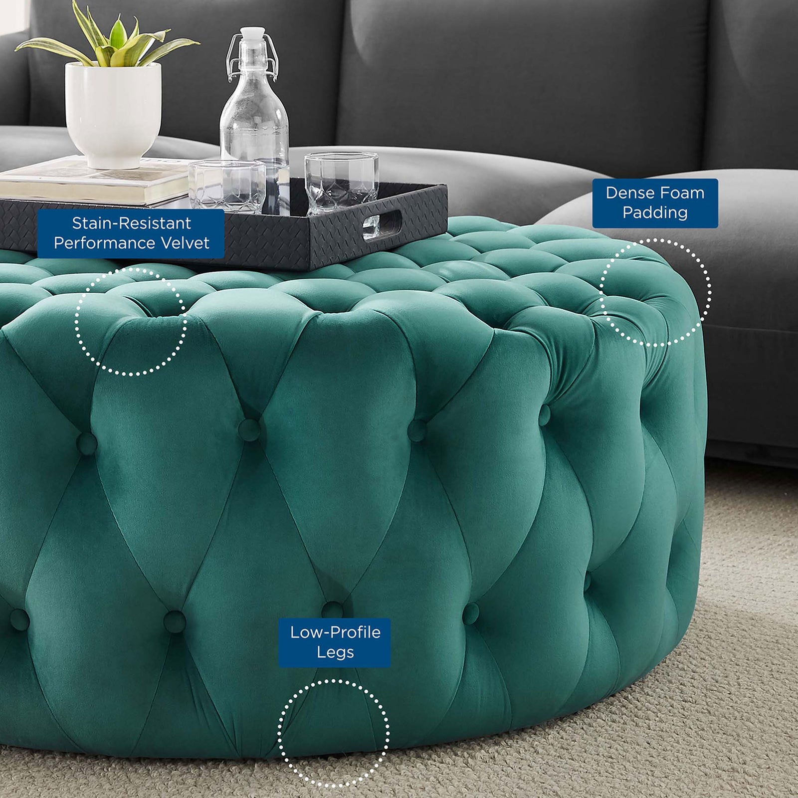 Stain resistant velvet ottoman featuring dense foam padding and low profile legs for everyday comfort || EEI-5469-TEA || callout_room