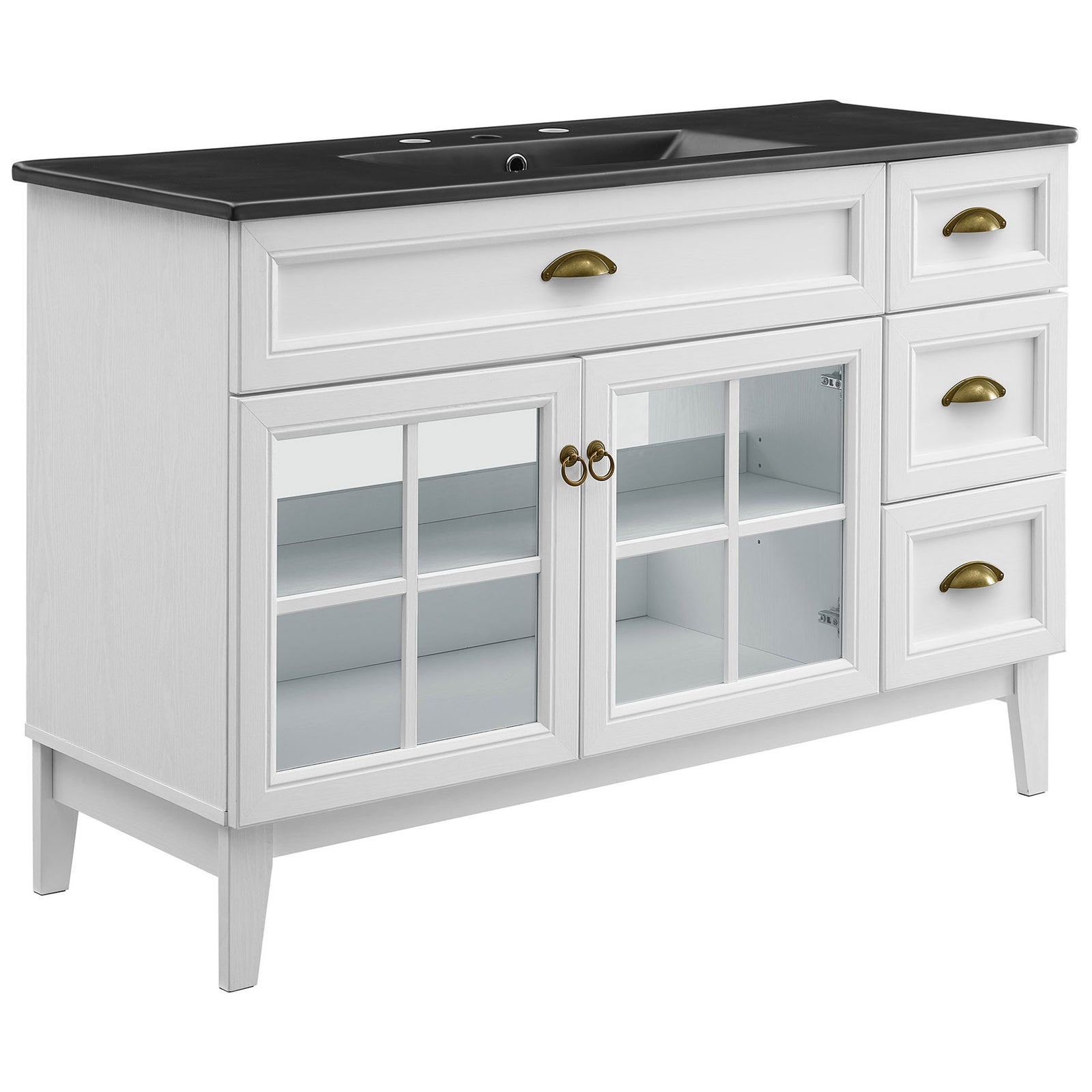 White vanity with black integrated sink top, brass cup pulls, and glass-paneled doors || EEI-5479-WHI-BLK || front_angle_studio