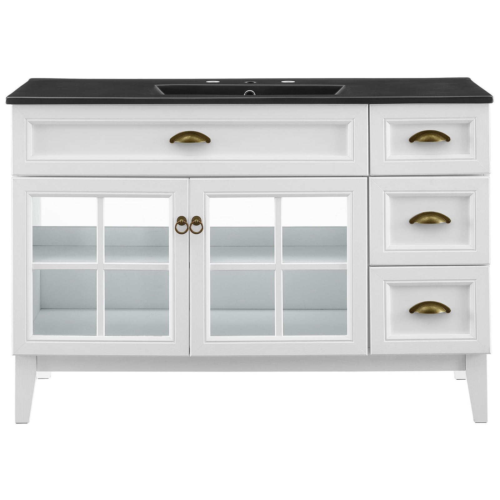 Windowpane doors and clean lines highlight this 48-inch single-sink vanity in crisp white and black || EEI-5479-WHI-BLK || front_studio