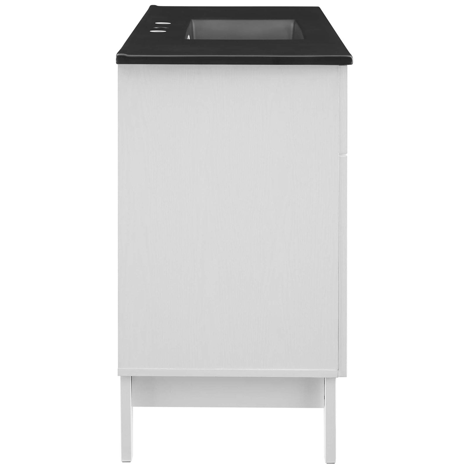 Slim tapered legs and smooth side panels lend a refined, airy silhouette to the vanity || EEI-5479-WHI-BLK || side_studio