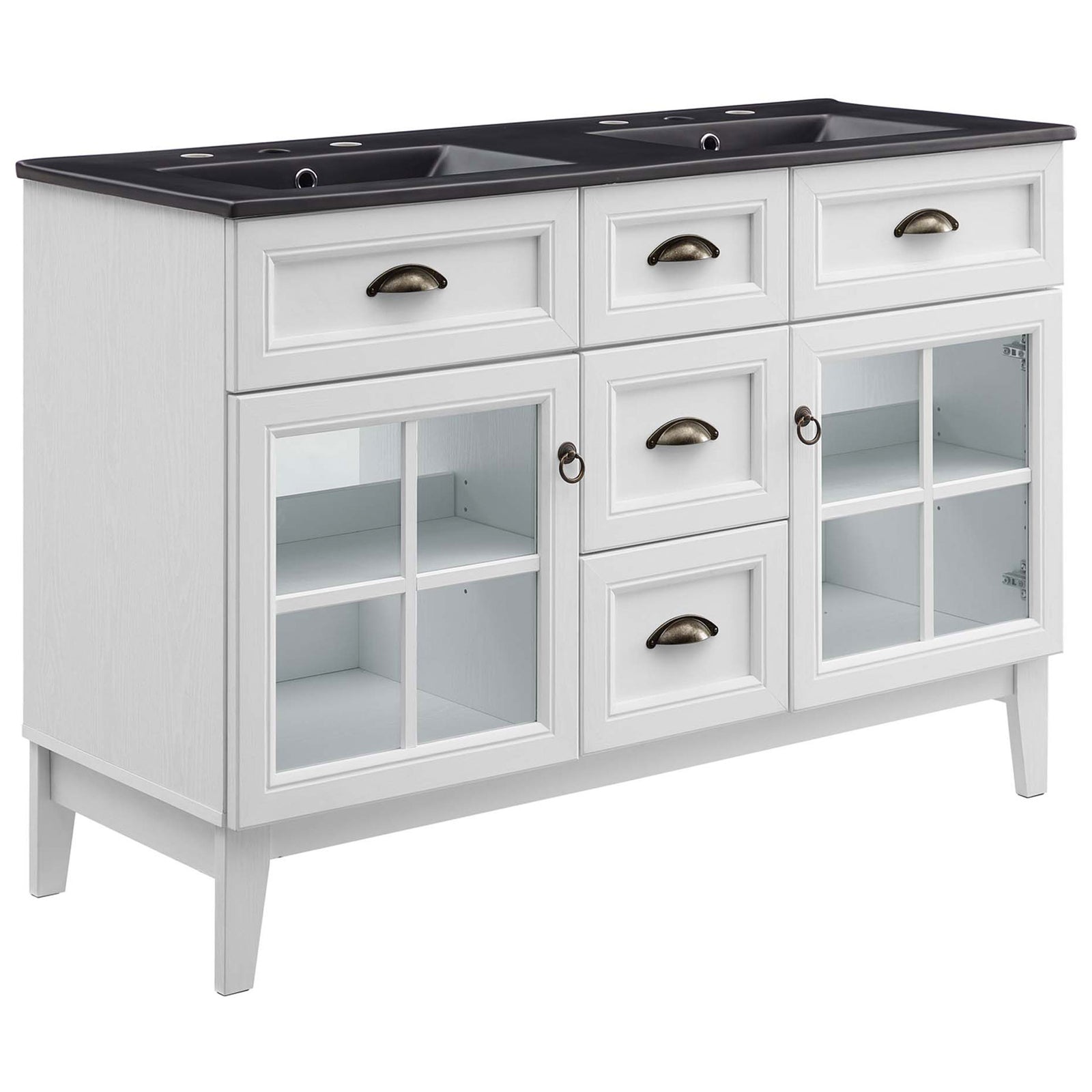 Coastal-inspired vanity in white woodgrain with black double basins and classic cup pulls. || EEI-5480-WHI-BLK || front_angle_studio