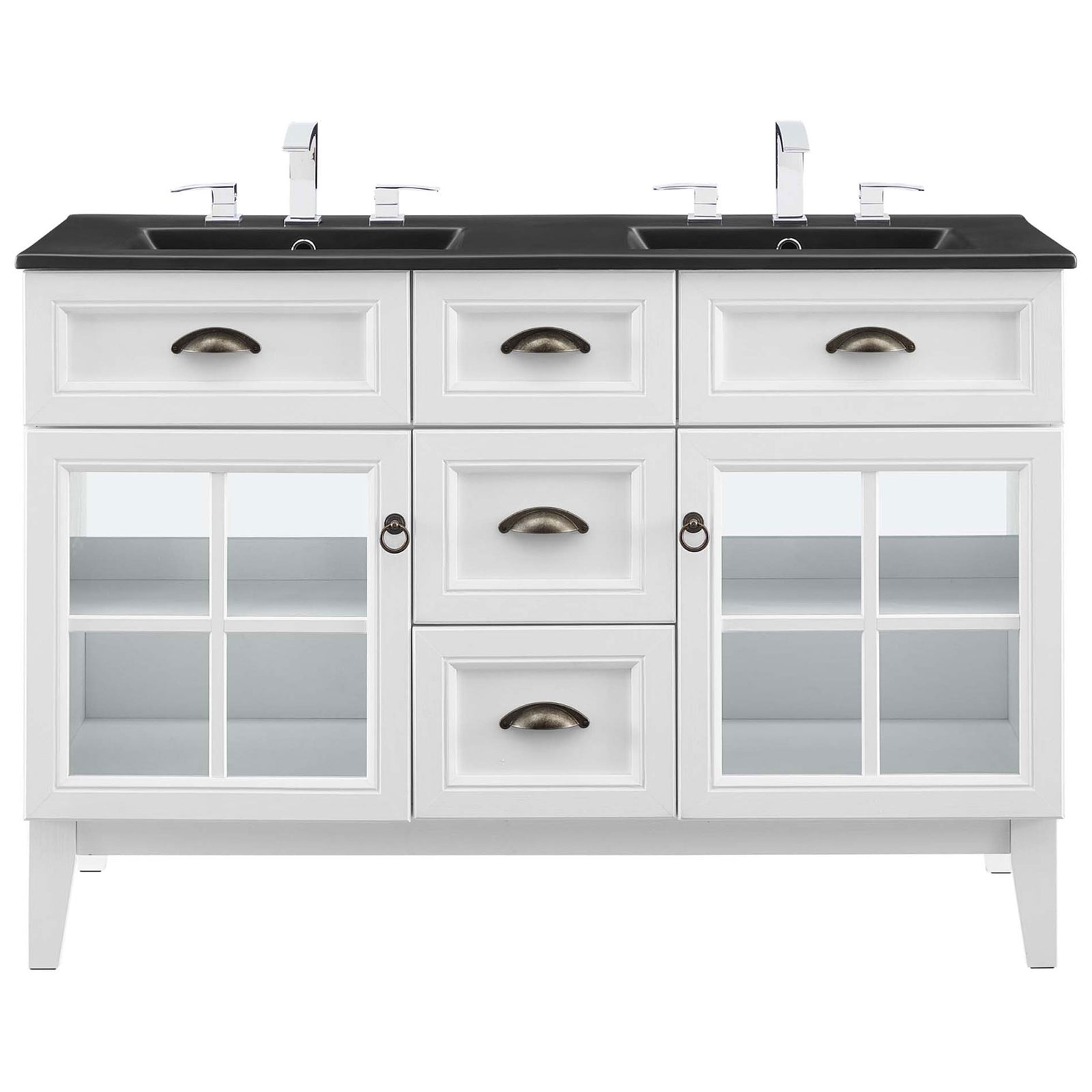 Sleek dual-basin vanity with black countertop, 8-inch widespread holes, and framed glass storage for airy display. || EEI-5480-WHI-BLK || front_studio