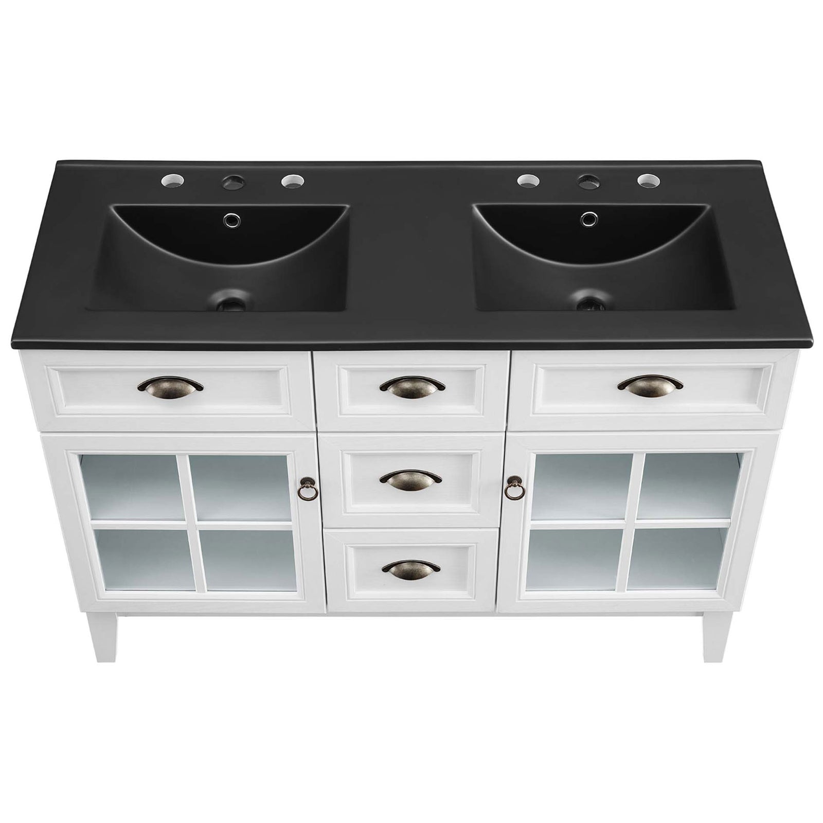 Dual integrated basins with predrilled faucet and drain openings on a black countertop. || EEI-5480-WHI-BLK || top_studio