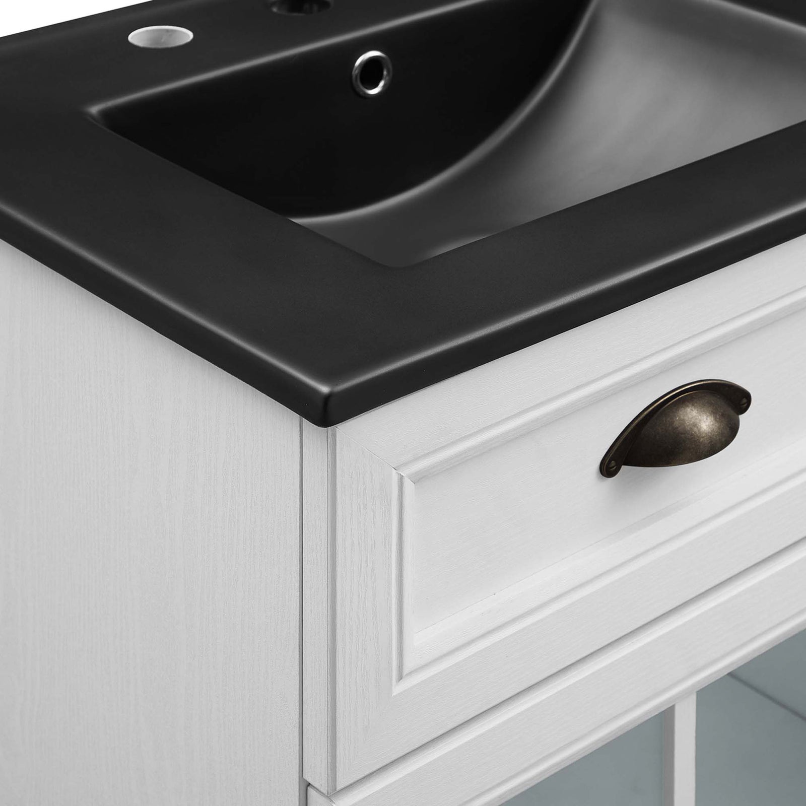 Textured white woodgrain pairs with a black basin and vintage cup pull detail. || EEI-5480-WHI-BLK || detail_studio