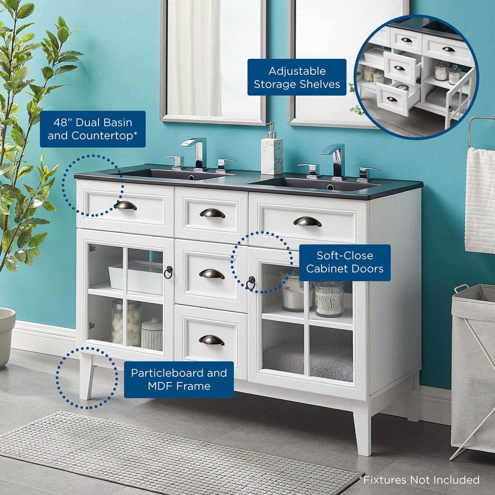 Key features highlighted, including dual basin countertop, adjustable shelves, and a durable frame. || EEI-5480-WHI-BLK || callout_room